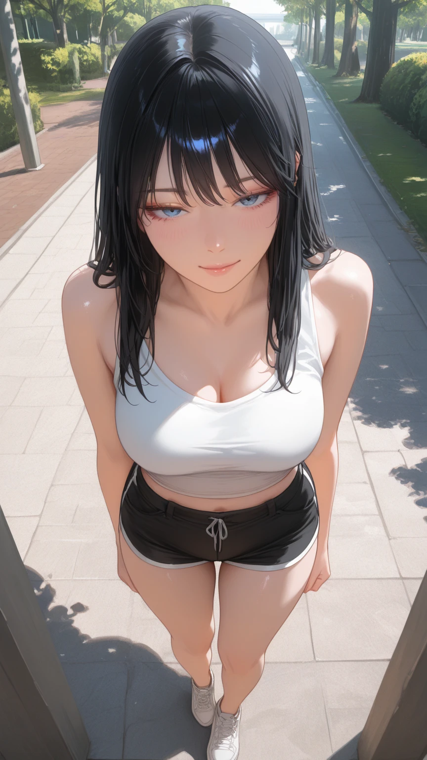(masterpiece), (highest quality), (Super detailed), Two Girls, blush, ((lift up:1.2)), Happy, View Viewer, Big Hair, Brown Hair, wood々In a park with,bench, shy ,sit on the bench, ((slender)) ,anxiety, blush, mischief,From below,The body is slim,(Shiny skin),  from the front, From above,Long wet ears, ((topless:1.2))