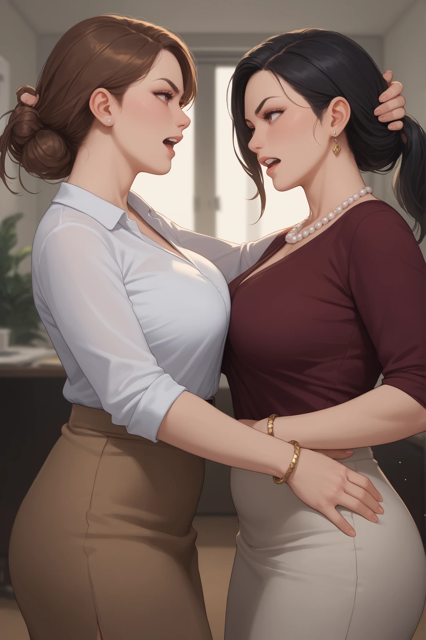 score_9, score_8_up, score_7_up, source_anime, 2girls, mature females, Lesbian kissing, formal wear, hug, kiss, love, sexy thighs, fit body, in the detailed office room, leaning to the wall, perfect composition