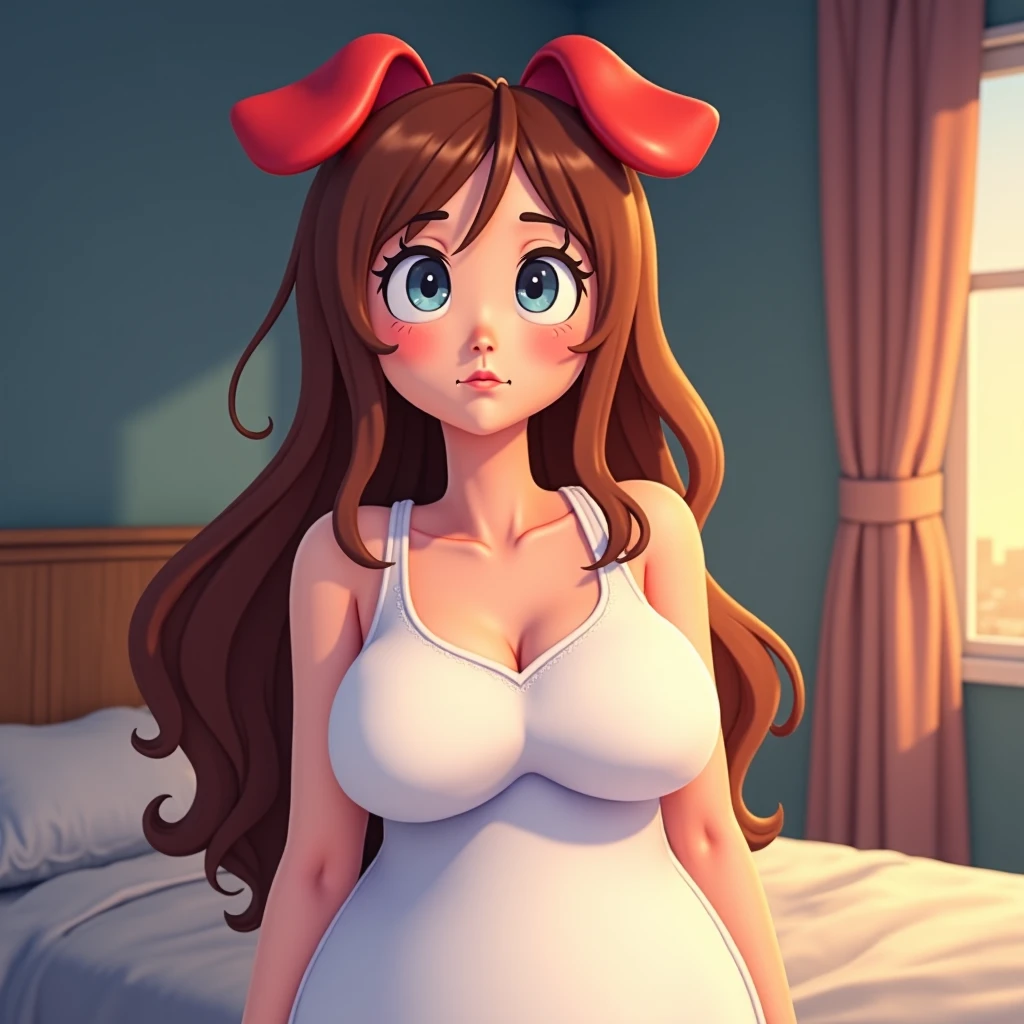 masterpiece, best quality, wallpaper, sitting,wariza,on bed, kousaka honoka, blue eyes,long tank top that covers her hips, cute smile , hair ornaments, (big breasts:0.85), bottomless , pixel_art, sheep horns