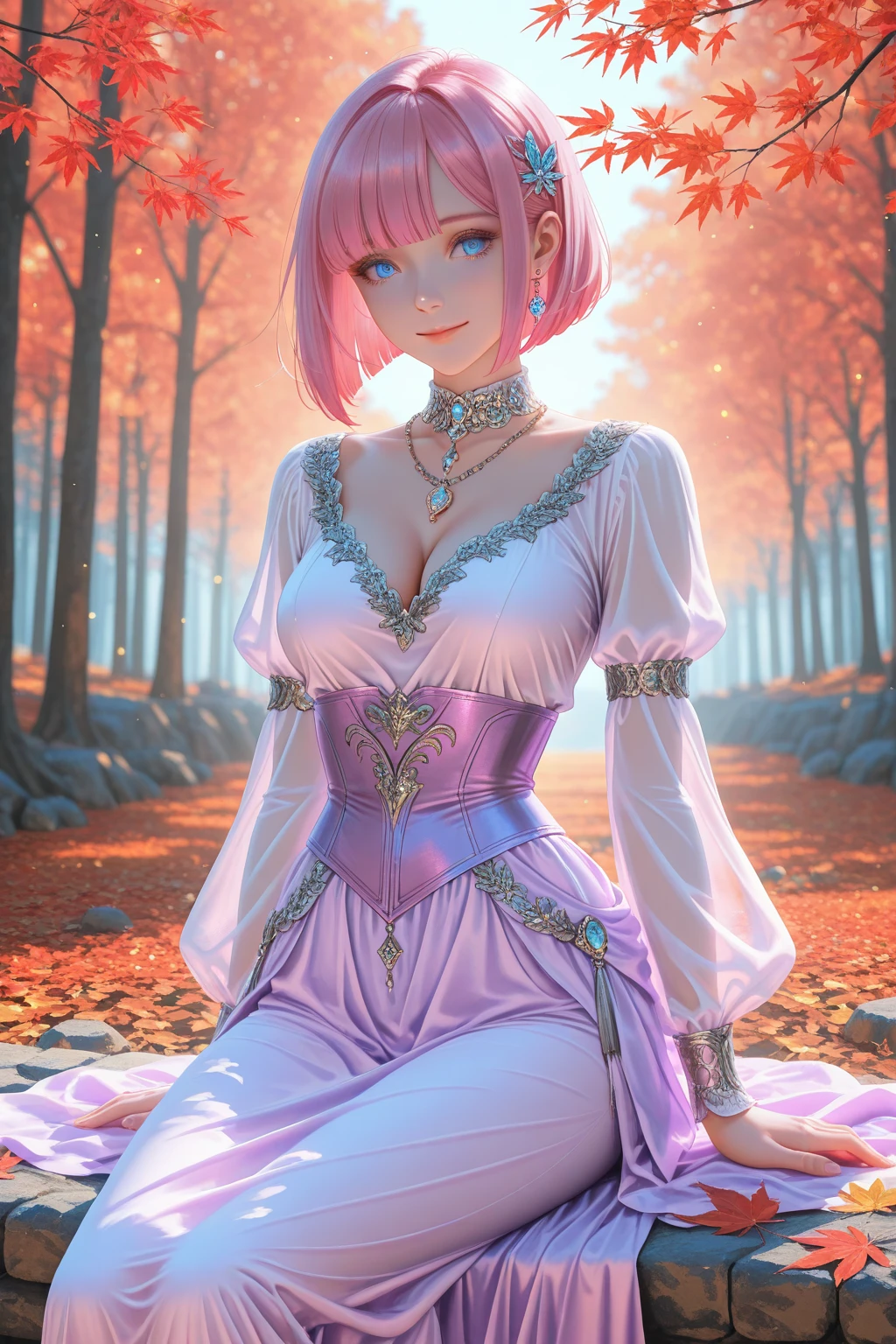 (ultra realistic,32k,RAW photo:1.1),(high detailed skin:1.1), 8k uhd, dslr, high quality, film grain, (makeup, mascara:1.2), lips,(thick\lips\),
(shiny glossy translucent clothing:1.1), <lora:Estellise:0.7> Estellise Sidos Heurassein, pink hair, short hair, (green eyes:0.8), white and pink dress, ornate dress, pink collar, pink skirt, white boots, white gloves, (black pantyhose, black legwear:1.1)
,(huge breast:0.9), <lora:add_detail:1>,
Dancing with one arm raised,
(busty:1.1) , (chubby:0.1),(Violet (web) polarized light exposure:1.15), <lora:LowRA:0.4>, dark theme, church window background , glowing lights background