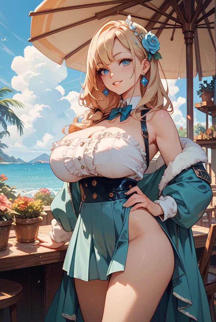 a cartoon picture of a woman with a hat and a blue heart necklace, oppai, big breasts!, biomechanical oppai, big breasts!!, cleavage, nami, (sfw) safe for work, sfw version, sfw huge breasts, with a large breasts, with large breasts, nami one piece, big breasts. Green eyes, blonde hair, on a beach