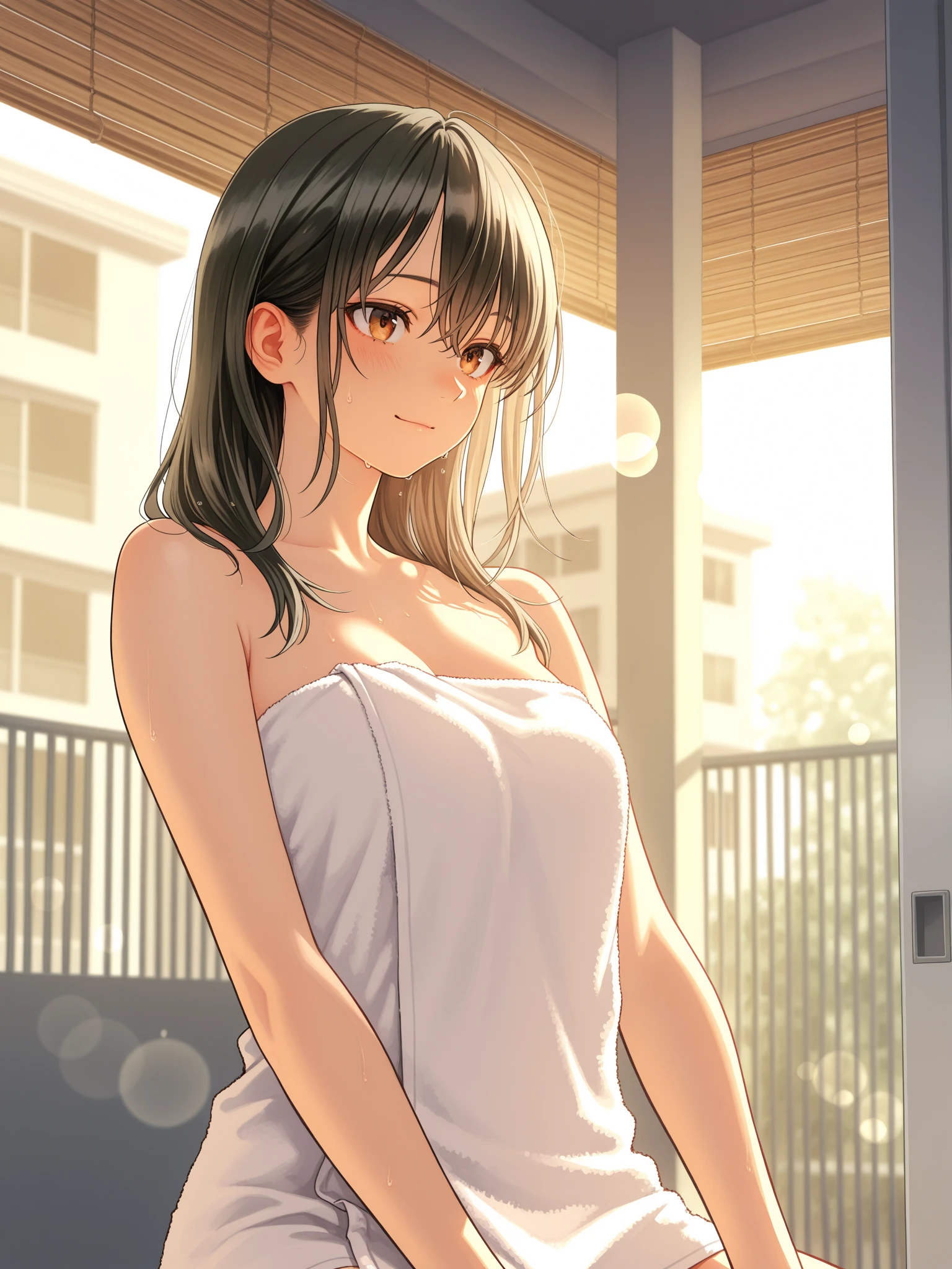 ((Tabletop, Highest quality, High resolution, , Pixel Perfect, 4K,))), 1 female, 、The whole body is visible、 ((Long Wavy Hair, bangs, Brown Hair)), ((Brown eyes, Beautiful eyelashes, Realistic eyes)), ((Detailed face, Blushing:1.2)), ((Smooth texture:0.75, Realistic texture:0.65, Realistic:1.1, Anime CG Style)), Medium sized breasts, Dynamic Angle, Perfect body, (( , , White camisole、No bra、、 Tight jeans pants、、)), Gold Hair Ornament、Cross Necklace、、Very embarrassing panic smile, 、、、、、、Nipples are slightly visible、、、Poses that accentuate the chest、Stick your butt out、Hotel shower room、、、、 、)、