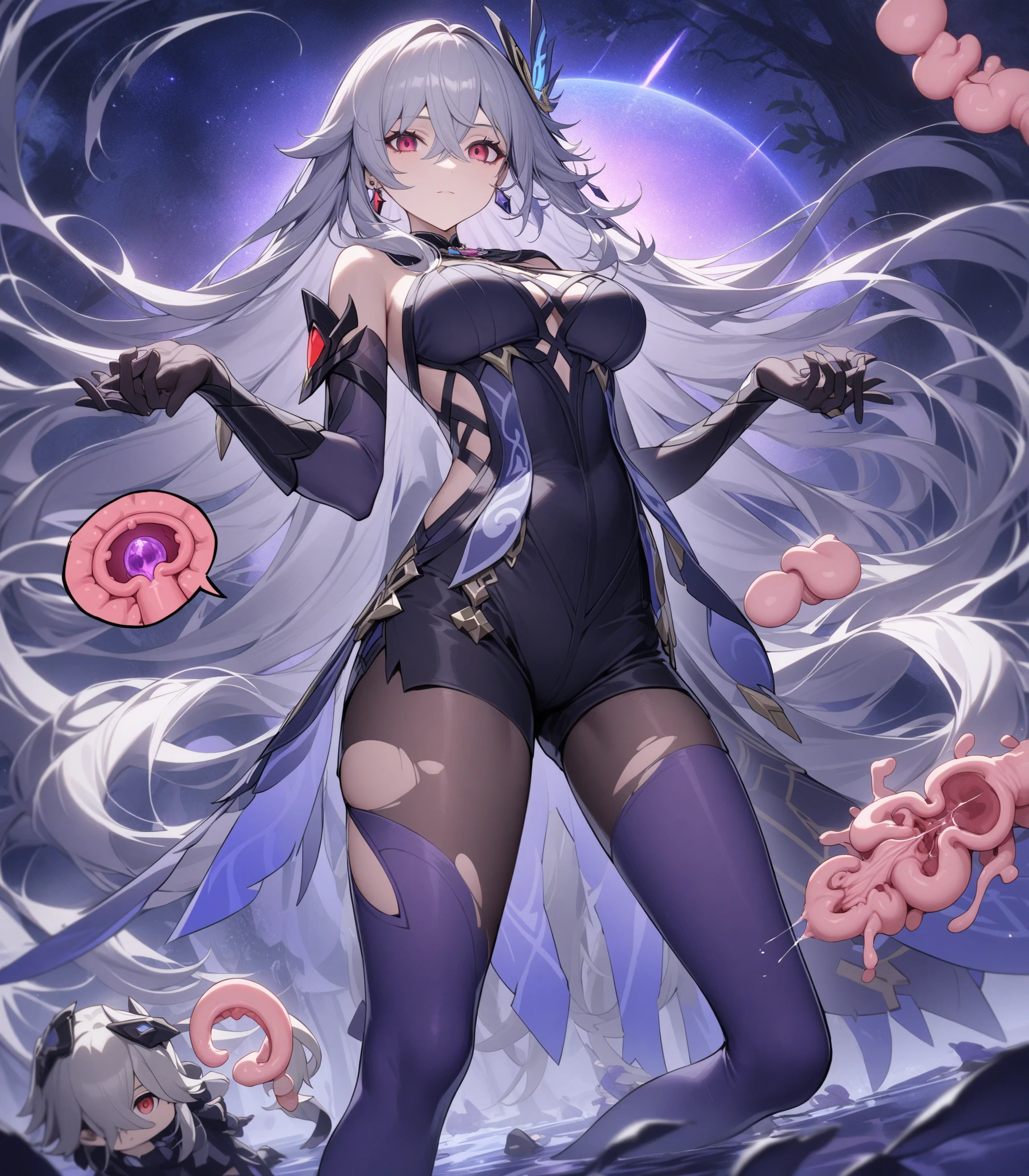 ((best quality)), ((highly detailed)), absurdres, extremely detailed face, beautiful face, (detailed eyes, deep eyes), (1girl), cowboy shot, <lora:aiomonstergirls_aiov4LoraLycoris:1.>, <lora:animeSlime_v10:.2>, slime girl, melting, wet slimy skin, <lora:ColoredSkin:.3>, (colored skin), ((purple skin, black colored slime_(substance))), white hair, <lora:long_braid_hairstyle:.6>, (long_braid_hairstyle:1.3), multicolored hair, white hair, see-through body, short dress, maxidress, <lora:EraseGroinSkirt:1>, navel, cameltoe, tentacles, large breasts, (inside, on a space station, space, stars)