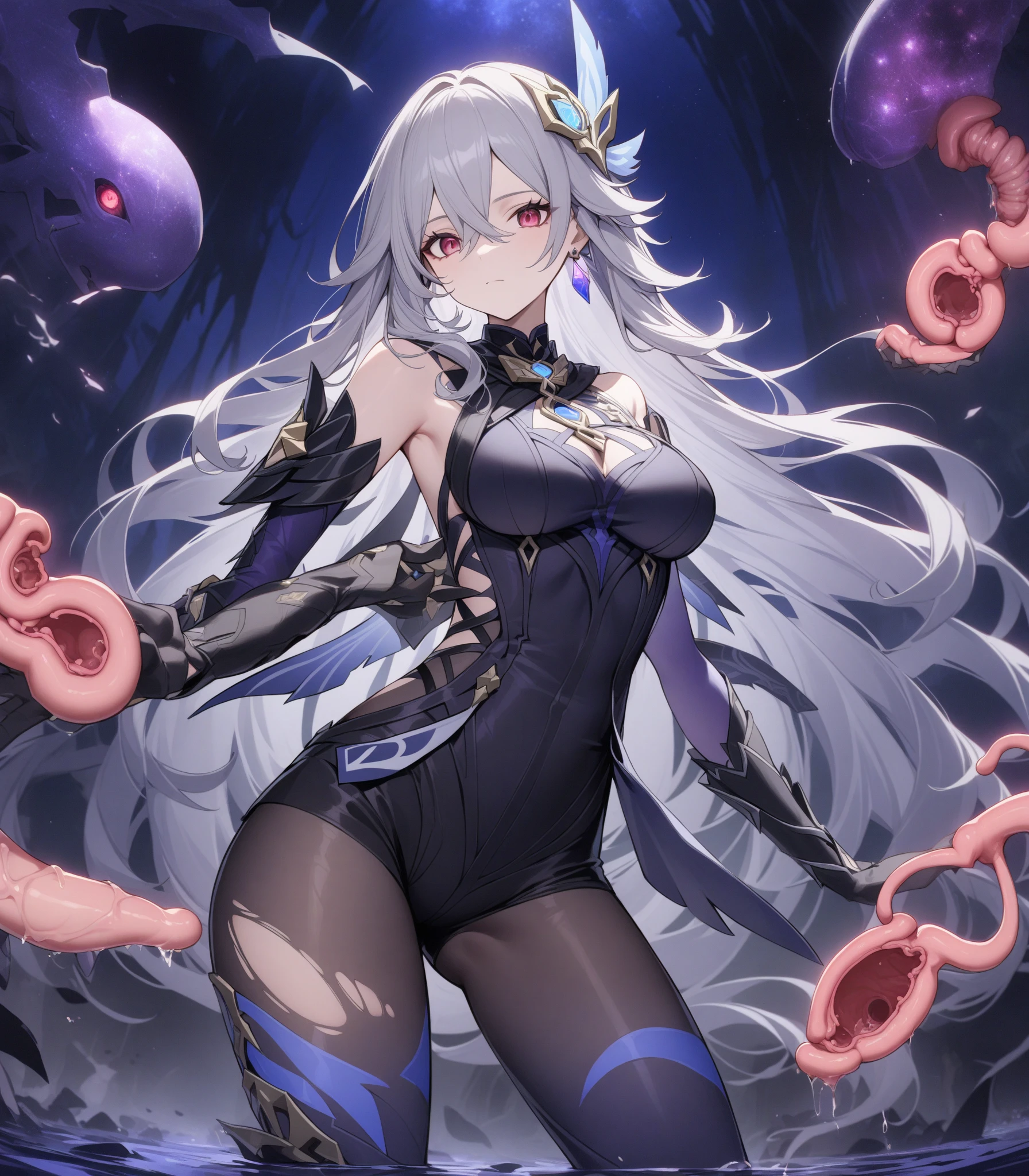 deep sea, kaiju girl, bleu eyes, , drawn art , purple and black skin