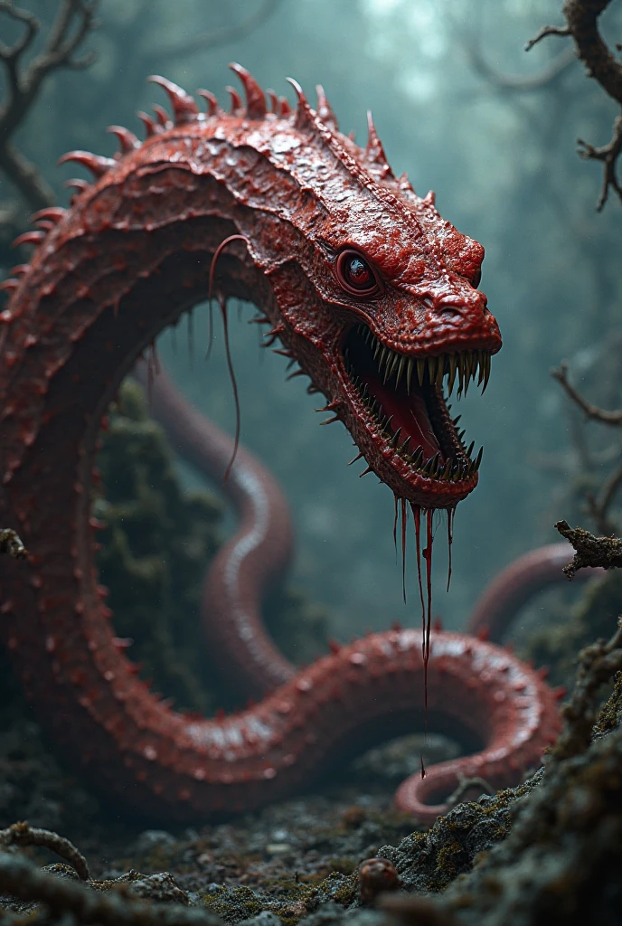 Setting: The ground covered in the Hydra's poisonous blood,
Hydra: Head lying severed, blood oozing,
Mood: Gory, unsettling, enhancing hyperbolic illustration, astonishing 32k resolution, ultra HD, realistic with vivid colors, glowing, bright and intense light, UHD pen and ink technique, beautiful intricate, fantasy background, full body portrait, dim volumetric lighting, 8k octane beautifully detailed render, has golden skin, intricate, stunning Detailed matte painting, deep color, fantastical, intricate detail, complementary colors, fantasy concept ,colorful ,color art, color chaos, cutie, The overall color palette includes deep blues, fiery oranges, metallic grays, and warm yellows, creating a high-contrast, vividly saturated image with a cool blue hue dominating the background and warm highlights on the central figure, contributing to the intense and mysterious mood of the scene.