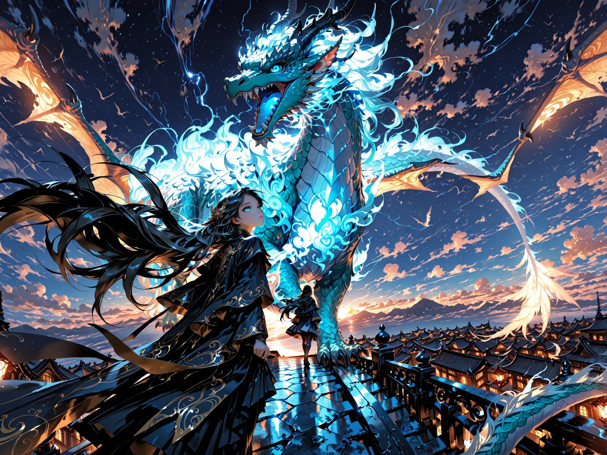 highest quality, Ultra High Quality, 64k, highly detailed eyes, sharp eyes, ultra-detailed, face focus, Beautiful and delicate girl, 2 girl with dragon, looks up at the sky, (beautiful sky),
(perfect eyes), perfecteyes, perfect face, cute face, messy long hair, gently girl,  
, perspective, (detailed lighting), rim lighting, ((sharp focus)), dark lighting, from behind