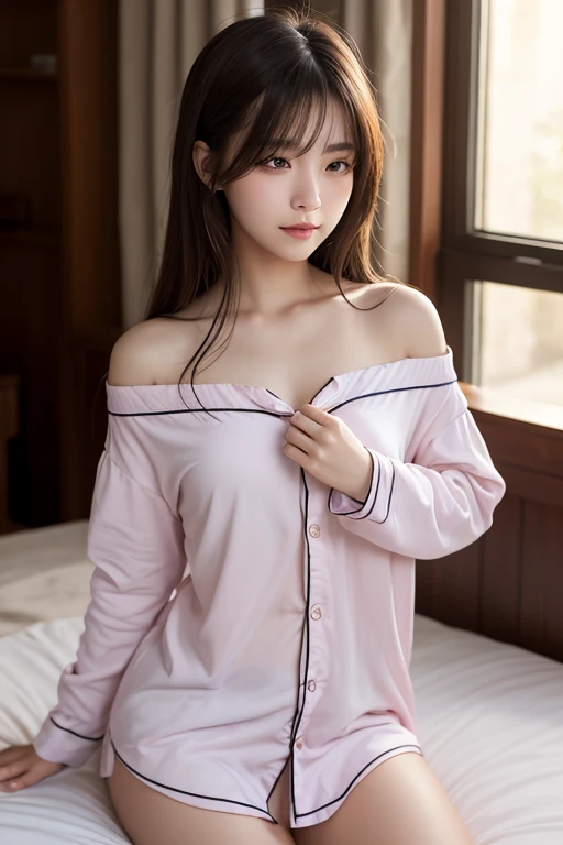hightquality、​masterpiece、ultra res、a beauty girl、Beautiful girl face、cute girl face、s Pajamas、wearing pajamas、full bodyesbian、Famous actresses of Japan、very beautiful face、chest、A sexy