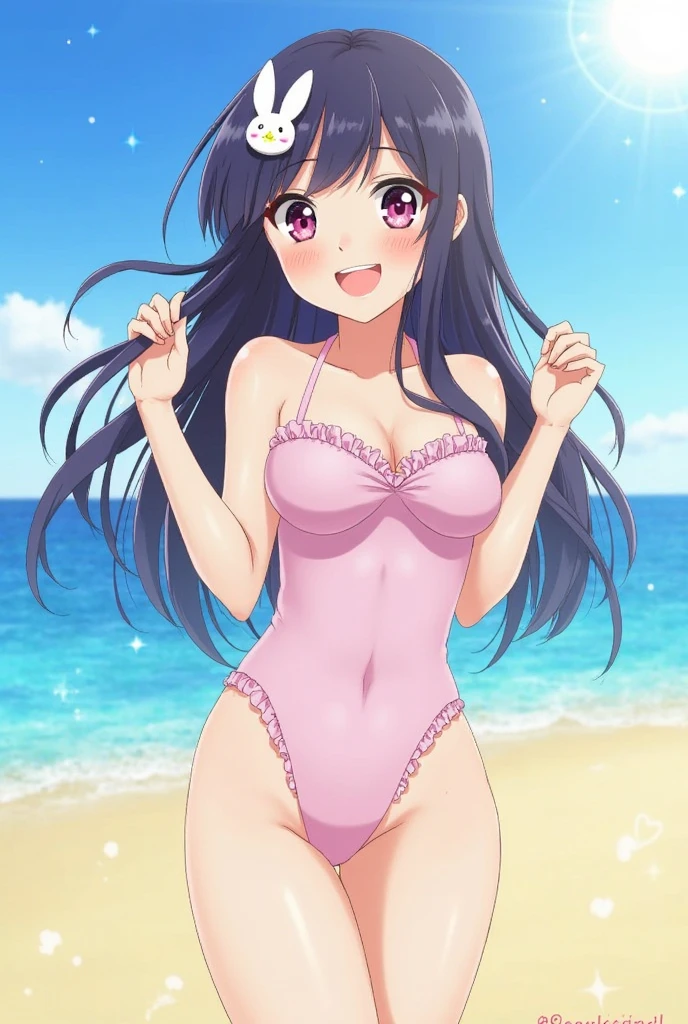 ((masterpiece)), ((best quality)), (ultra-detailed), ((kawaii)), cute, (lovely), illustration, anime style, full body, chest focus, 1girl, cute girl, solo, (pastel color bikini swimsuit), ((cleavage)), (beautiful eyes), beautiful black hair, Long hair, slim, slender, large breast, glasses, seductive smile, barefoot, Sandy beach with no one's footprints, sitting, wariza.