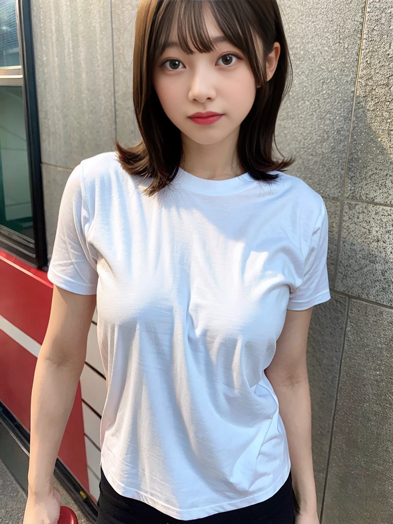Japan person, woman, single, double, short sleeves, shorts, big breasts, looking down, viewer, white background, realistic, best quality, high resolution, photo
