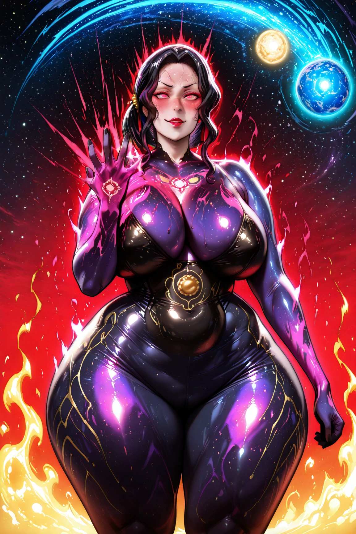 Mature woman,Black skin with stars inside, cosmic body, goddess, cosmic divinity,, body made of dark matter, cosmic aspect, red eyes, black gradient body turning white,spiky hair, rpg style,Cosmic black dress with star inside, curvy body,Golden objects on the body