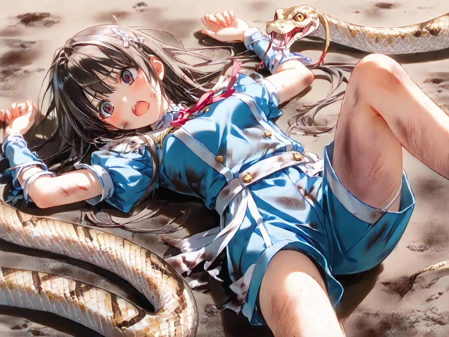 ((masterpiece, Side Lighting, finely detailed beautiful eyes: 1.2)), Super detailed, Ultra-high resolution, Professional Lighting, High quality makeup, beautiful detailed eyes, sexy, beautiful, Big eyes, Cowboy Shot, (Girl:1.3), hinatsuru ai, blue eyes, Black Hair, Brown Hair, Ridiculously long hair, Ahoge, Twin tails, Blue and white dress, Yellow ribbon, White Beret, smile, blush, wariza, Spread your legs,orgasm,blush, Sweat,White panties、Squat、Look at this、skirt、、Attacked by tentacles、Tentacles wrap around my legs、Tentacles in the crotch、Captured by tentacles、cry、shout、Ecstasy face、skirtの中の触手、Do not run away、Lying down、Torn clothes、skirtの下からスパッツが見えます、Spread your legs、Disheveled clothing、skirtをめくった、