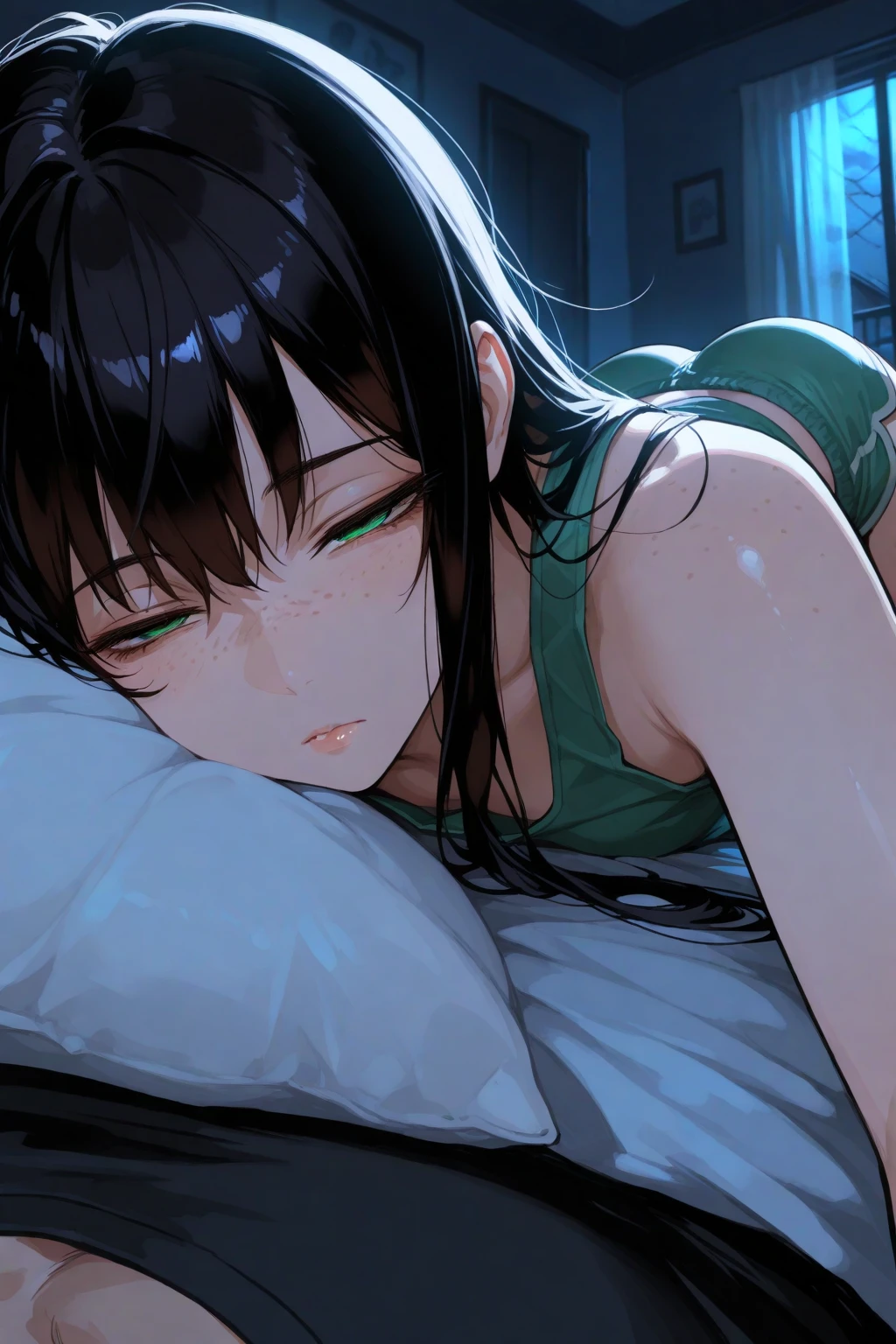 high resolution,High resolution,１Beautiful girl of the person,whole body,sleep,Look Up,Lying on your back,looking at the camera,Big eyes,Crying face,Tears,Stringy saliva,Open your mouth wide,Sticking out tongue,Flush saliva,Overflowing with saliva,semi-long,Black Hair,Yellow-green eyes,White Sailor Leotard,High Leg,Red tie,Tears overflow,Dripping a lot of saliva,Drooling,On the bed,sexy,Finger licking,Western-style room,Alluring,