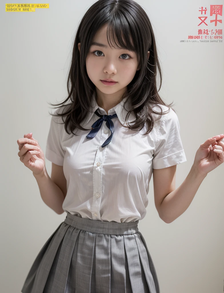 ((highest quality, masterpiece :1.3)), Photorealistic、Ultra-high resolution、Natural skin texture、Hyperrealism、Photograph from the knee up、12 year old beautiful Japanese girl、Short Hairstyles、Large breasts、White collared shirt and tie、mini skirt、Frightened expression