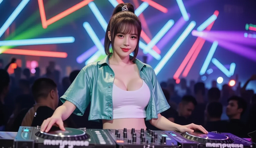 (ultra - detailed, 16K resolution, Cinema lenses, rendering by octane), (high resolution:1.18), intricate detail, (masterpiece:1.1), (highest quality:1.1), (1girl, portrait, white hair, blue eyes, short hair, detailed eyes),Wearing silver DJ headphones, 1 malay-Indonesian girl, modern plain hot deep neck top and dupatta, shy, medium portrait, watery eyes, wearing blue dark green kebaya, ((big breasts)), black bokeh background, well-proportioned body,, chubby massive thighs, full body pose, Hena art on the body, hena art on arms, full body view , wearing red sneakers , Smile while DJing on stage, full body shot of, The spotlight shines on the female DJ. Photorealistic photography by Disco Lighting, (cute round face:1.3),big breast, bigtit,perfect fingers, five fingers, beautiful hands, perfect hands. master peace, cute smile.