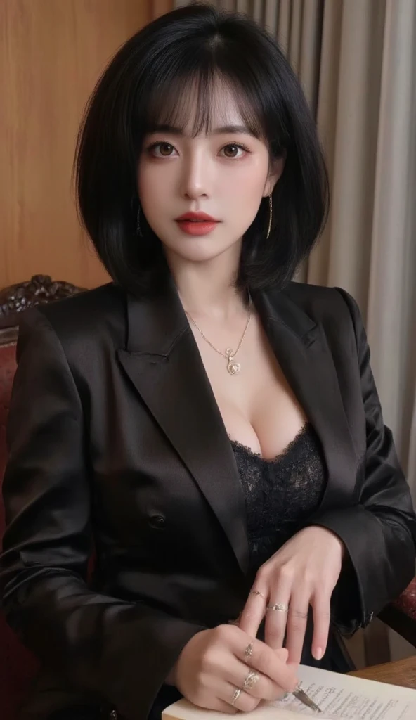 a 20 year old face of the most beautiful actress in the world, the perfect body proportions of a female, too short hair cut of a female is just like male one, the perfect shaped of female breasts, tight blazer is worn with formal shirt on female upper body, shirt skirt is worn with panties on female lower body, panties between bare legs under short skirt are seen just a little, standing, at the city street, nsfw, best quality, highly detailed, masterpiece, ultra high res, photo realistic, 8k