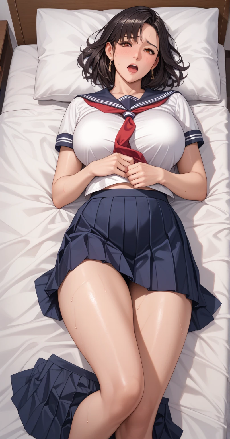 A wife,Side twisted braids,Black-brown hair,There is a mole under the left eye,Big breasts,full stature,Wearing a blue and white sailor suit,Black ultra-short pleated skirt,Room bed,Masturbation,And the shape of the female genital organs is clearly visible,There are deep lip prints on the panties,Not wearing Bra,The body is wet,Sweat,orgasmc,Desire for dissatisfaction,Sperm outflow,Bare legged,A look of disgust