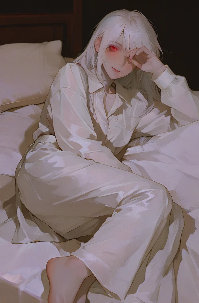 The face remains the same,tall,Bedroom,bed,Fair skin,pajamas,White Hair,Dozing off