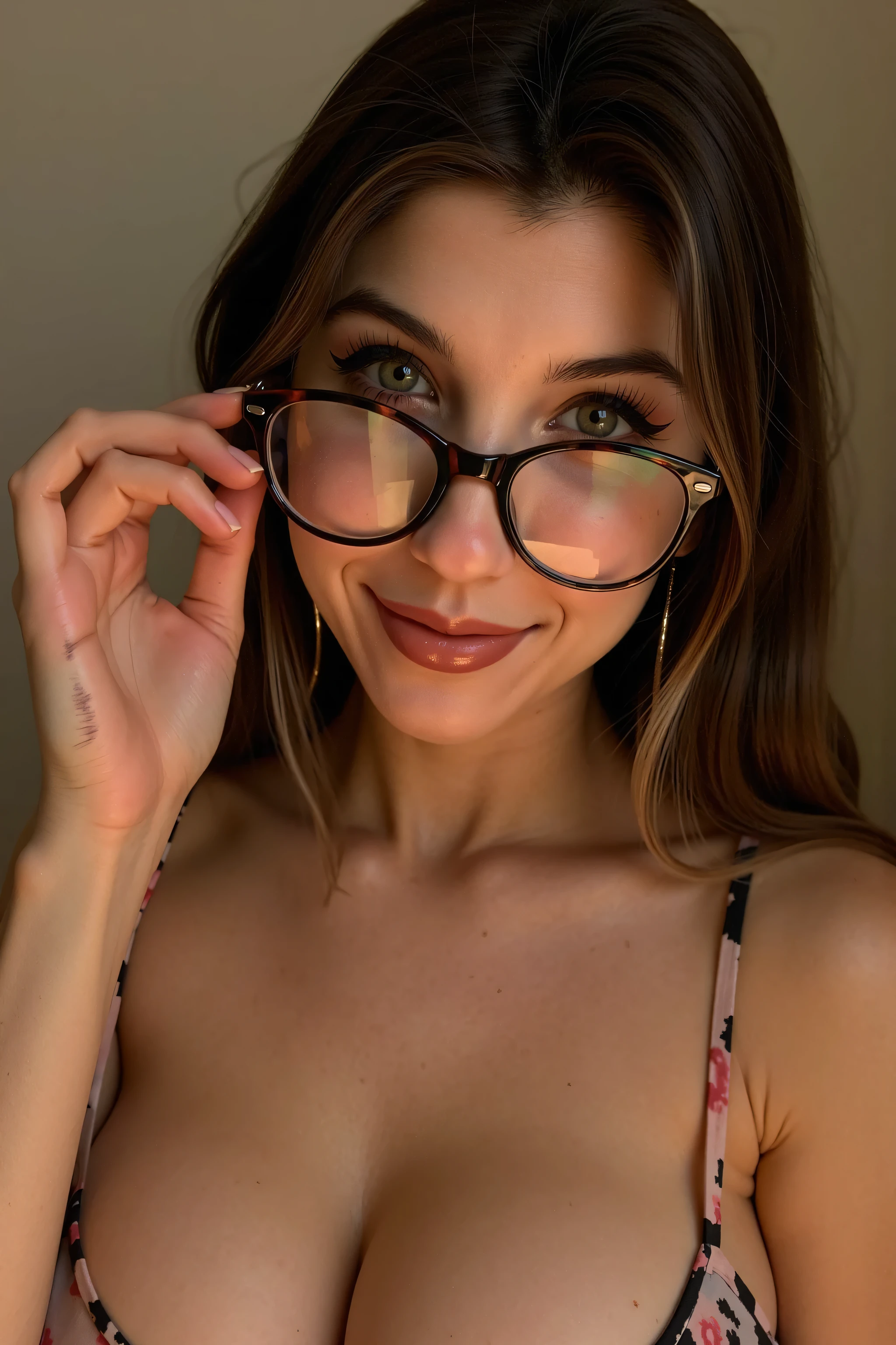 GoodnightMoonASMR, solo, shy, wearing glasses, close up, upper bodyshot, pouting lips, big breasts, small waist, slim, cute smile, cleavage, freckles,