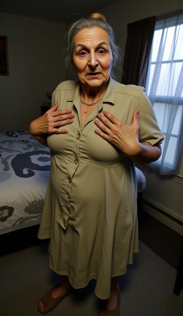 masterpiece, old granny 80yo, makeup, Large breast hidden under shirt, 8k, (nsfw:1.4), (green silk shirt:1.4), (from belove:1.4), (kissing penis:1.5)