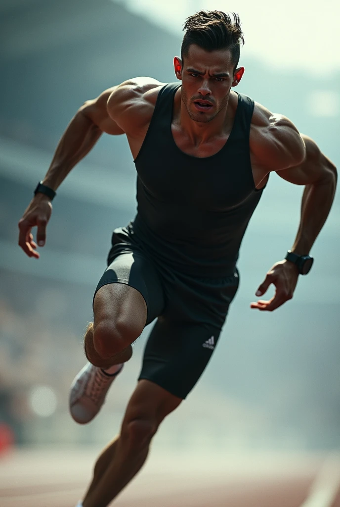 Imagine a scene where a runner is participating in an extremely long and difficult race.. In the image, the runner is visibly exhausted, with sweat on the forehead and muscles tense with effort. However, instead of giving up, shows incredible determination as he continues to move towards the goal. behind him, the road extends in an exaggerated curve, almost seeming infinite, symbolizing the extreme difficulty and prolonged duration of the test.