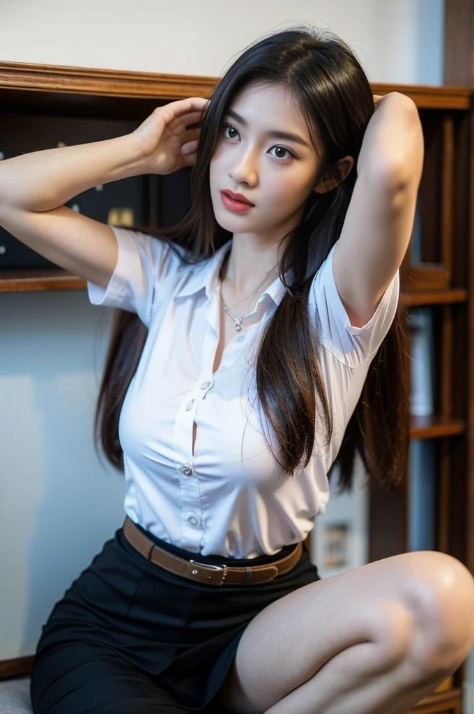 Masterpiece:1.2, best quality, 8k, UHD, high detailed, knee shot, portrait, hyperrealistic, cinematic light, 18s woman, thai university, uniform, white thin satin shirt, black tight short skirt, blown sueded belt, flat abs, perfect figure, perfect body proportion, beautiful, pretty, digital art, light and shadow, black messy long hair, dynamic sexy pose showing her hip, high contrast, light ray from window in the morning, window frame shadow on her face, dark room