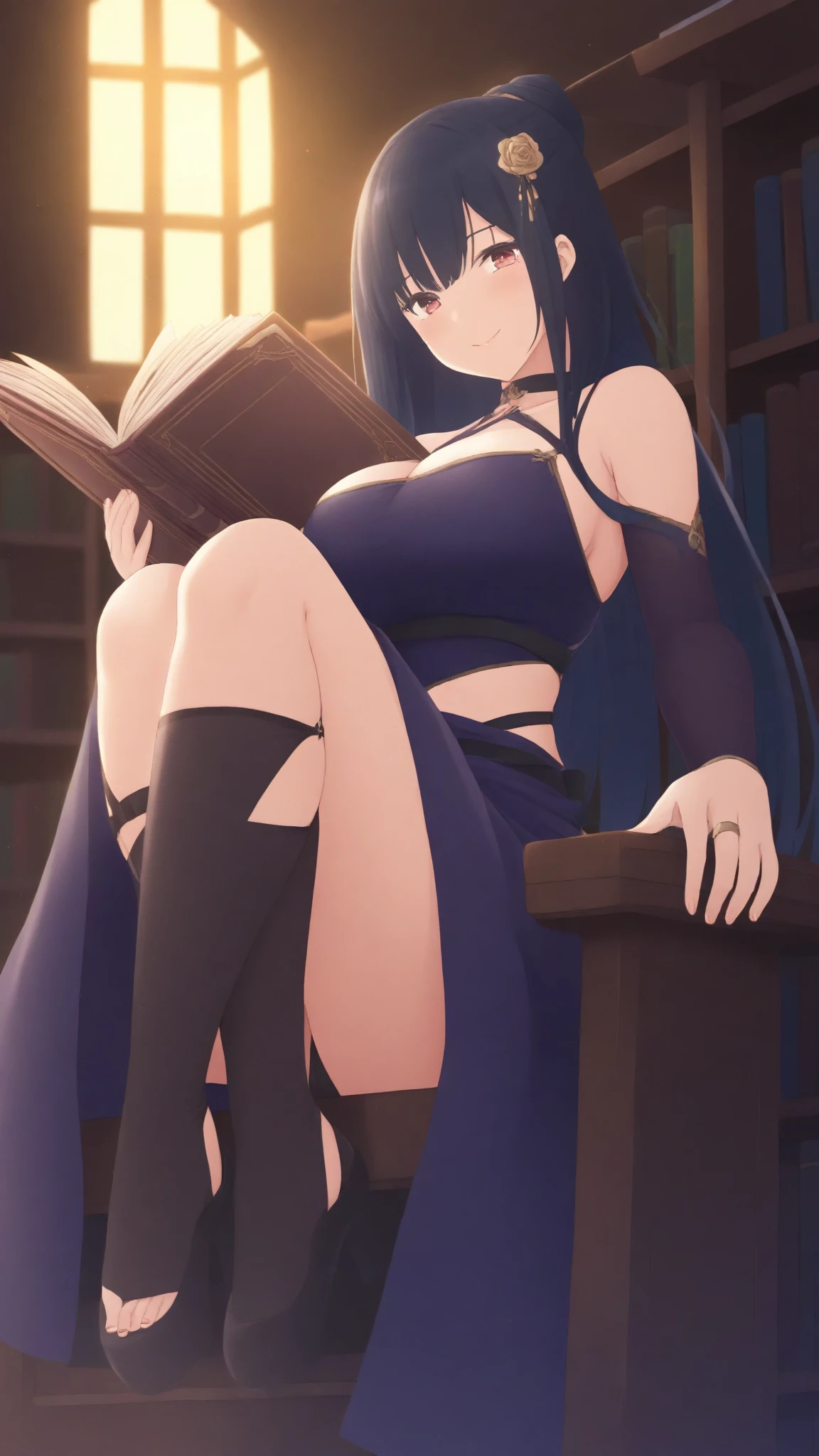 Tharja from Fire Emblem, medium breasts, wearing her black nylon bodysuit, feet bare, in a library, bending over, elbows on the edge a table, in full view, in high quality
