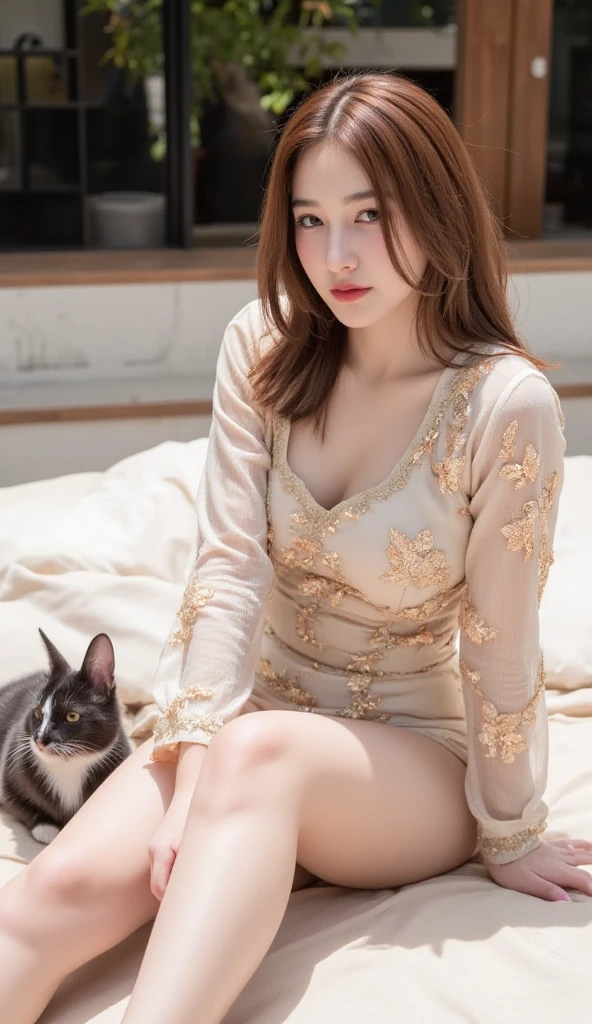 ((Night view, realistic light, best quality, 8k, masterpiece: 1.3)), 1girl, slender beautiful woman, holding a long-haired cat with white hair all the time in both hands, cute Garfield, brown hair, wearing green cheongsam, embroidered, sleeveless, sexy, cleavage, split end, long legs, sitting on the sofa, super detailed face, detailed eyes, double eyelids