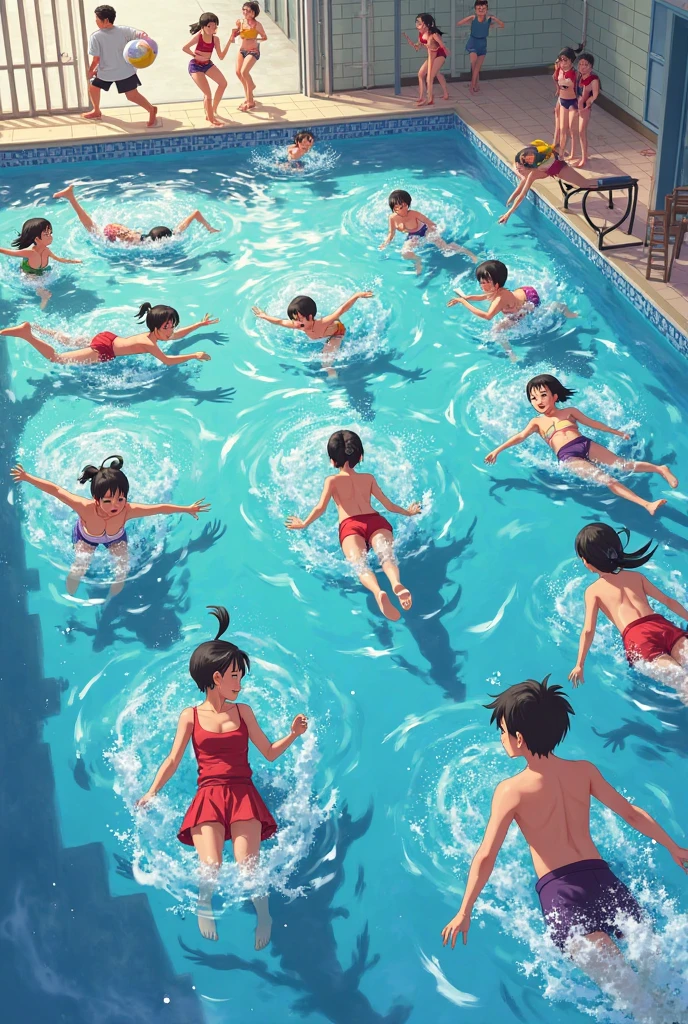 Men and women is jumping into the pool, They line up horizontally and jump at the same time, The moment of jumping into the pool, ((back view, posture in air above the pool)), people enjoy at the pool side, Pool , drinks, Dynamic Motion Blur, (Highest quality,4K,8K,High resolution,masterpiece:1.2), Very detailed, hyper Realistic, Professional photography, Cinema Lighting, Dynamic action scenes
