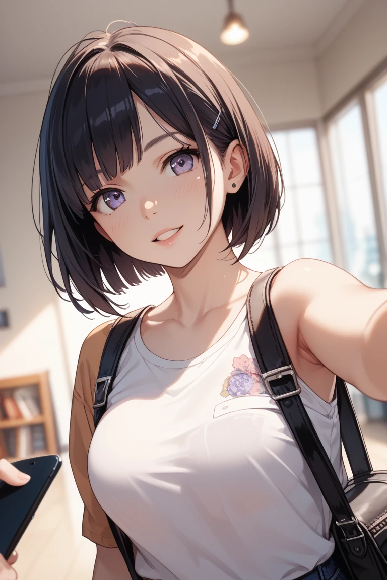 ((Show your armpits)),((No sleeve)),cleavage,super miniskirt,(masterpiece:1.6, highest quality), (Beautiful detailed eyes: 1.2), ticker_kato, katohdlong, katohd, 1 girl, alone, brown hair, short hair, brown eyes, Backpack, open your mouth, bangs, Shoulder bar , blush, pink jacket,