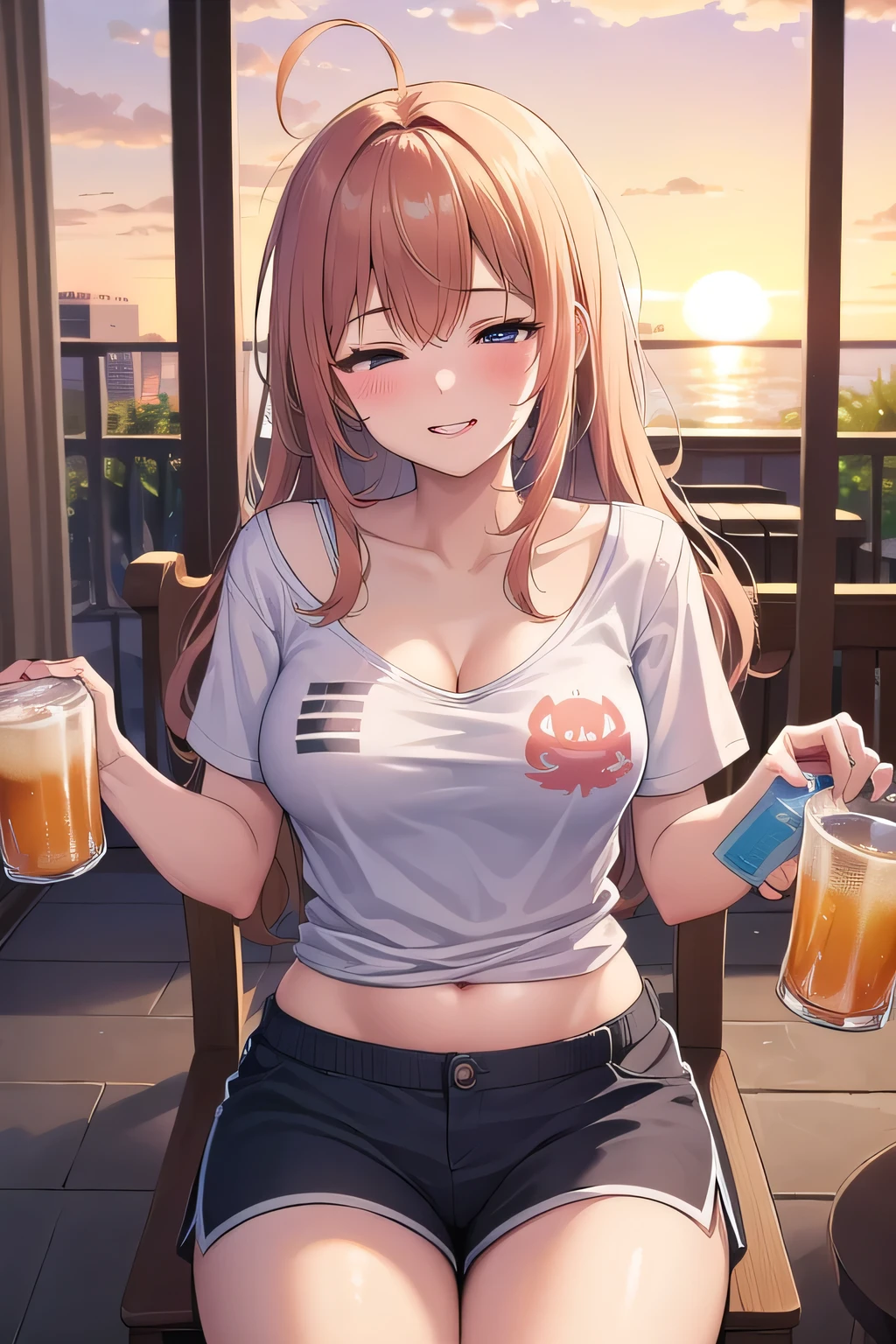 Woman, orange hair, big breasts, t-shirt, thick legs, izakaya, sitting on a chair, beer mug in right hand, smiling, happy, cheerful, innocent, toast, drunk, no underwear