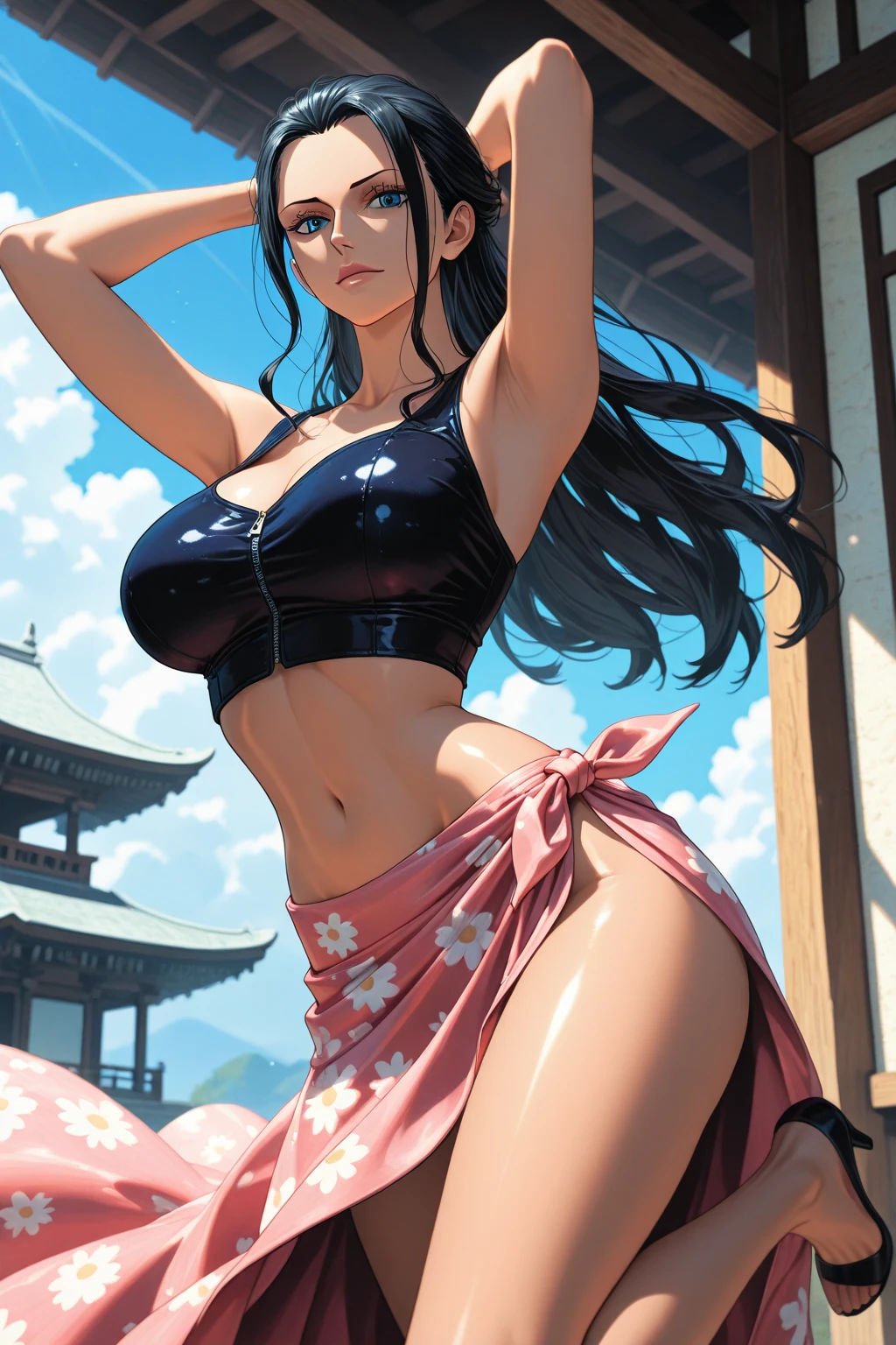 "((full body)) A beautiful geisha, with flowing hair, full lips, full breasts, thick thighs, wearing a bikini kimono, topless, sweaty body, sunglasses, bracelets and earrings, is sitting on the beach in the sand, while the water of the waves washes over his body ((intricate details))"..