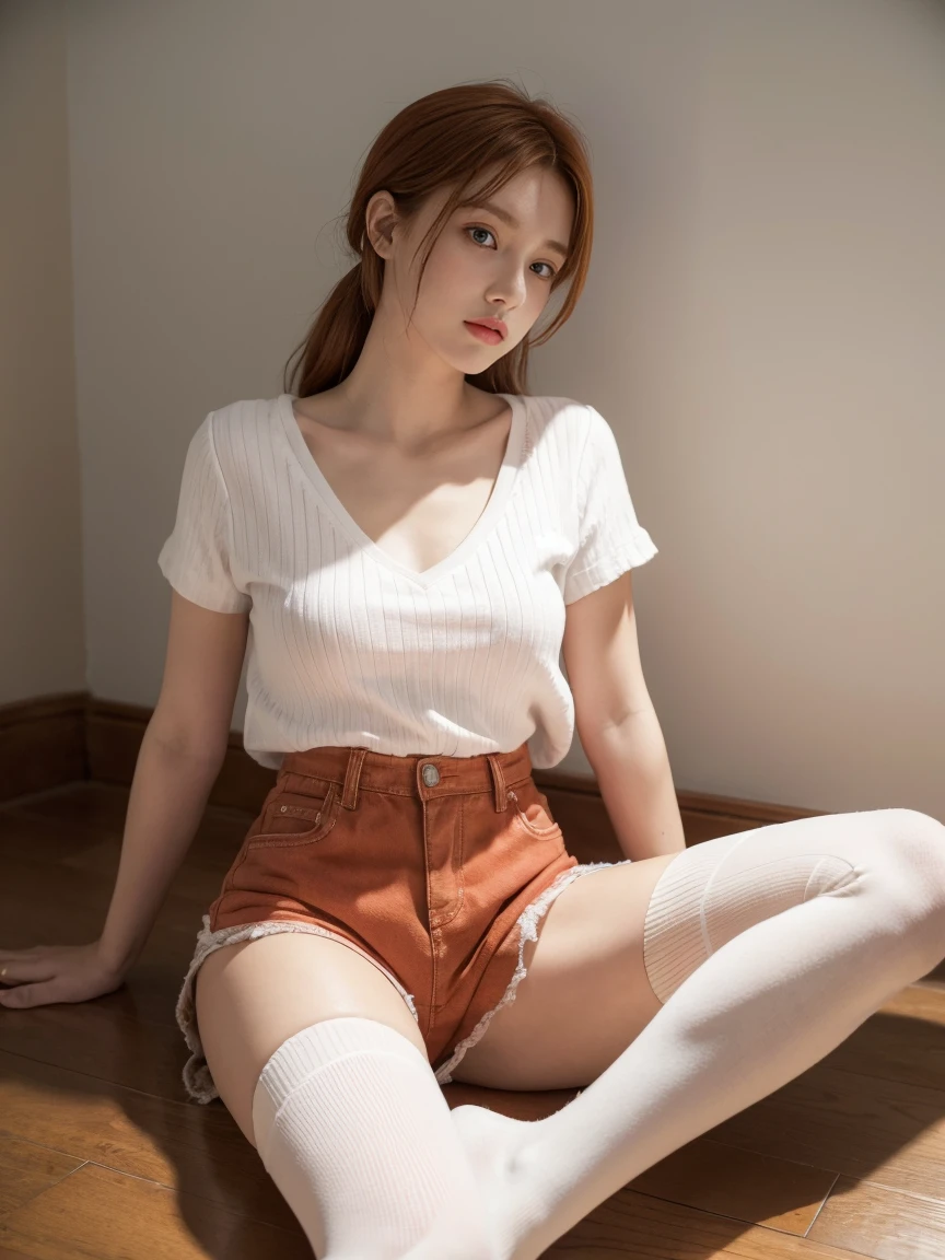 Mujer arafed con camisa blanca arrodillada en el suelo con las piernas cruzadas, con leotardo blanco, cuerpo blanco, en ropa blanca, Traje delgado, translucent body, in white room, Cara bonita con brazos y piernas, smooth translucent white skin, Anna Nikolanova aka Newmilky, Chica pelirroja, Mujer pelirroja, inspirado por Elizabeth Polunin, piernas y brazos
