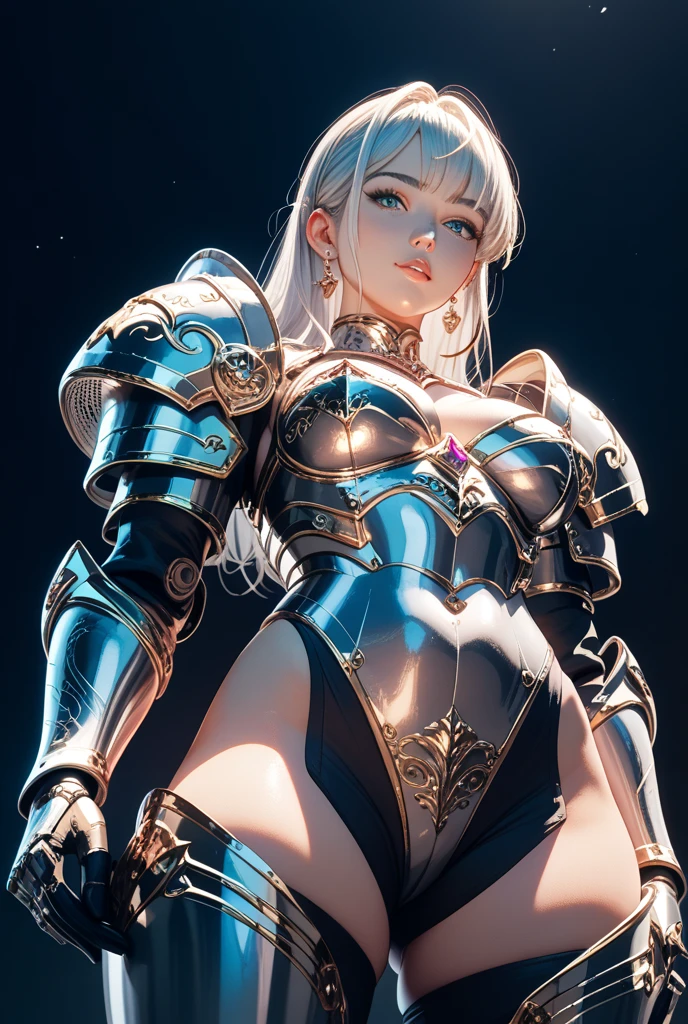 (masterpiece, best quality:1.2), <lyco:queensblade_annelotte-10:0.8>, cowboy shot, solo, 1girl, annelotte, expressionless, closed mouth, looking at viewer, hand on hip, tiara, armored dress, skirt, thighhighs, gauntlets, choker, cleavage