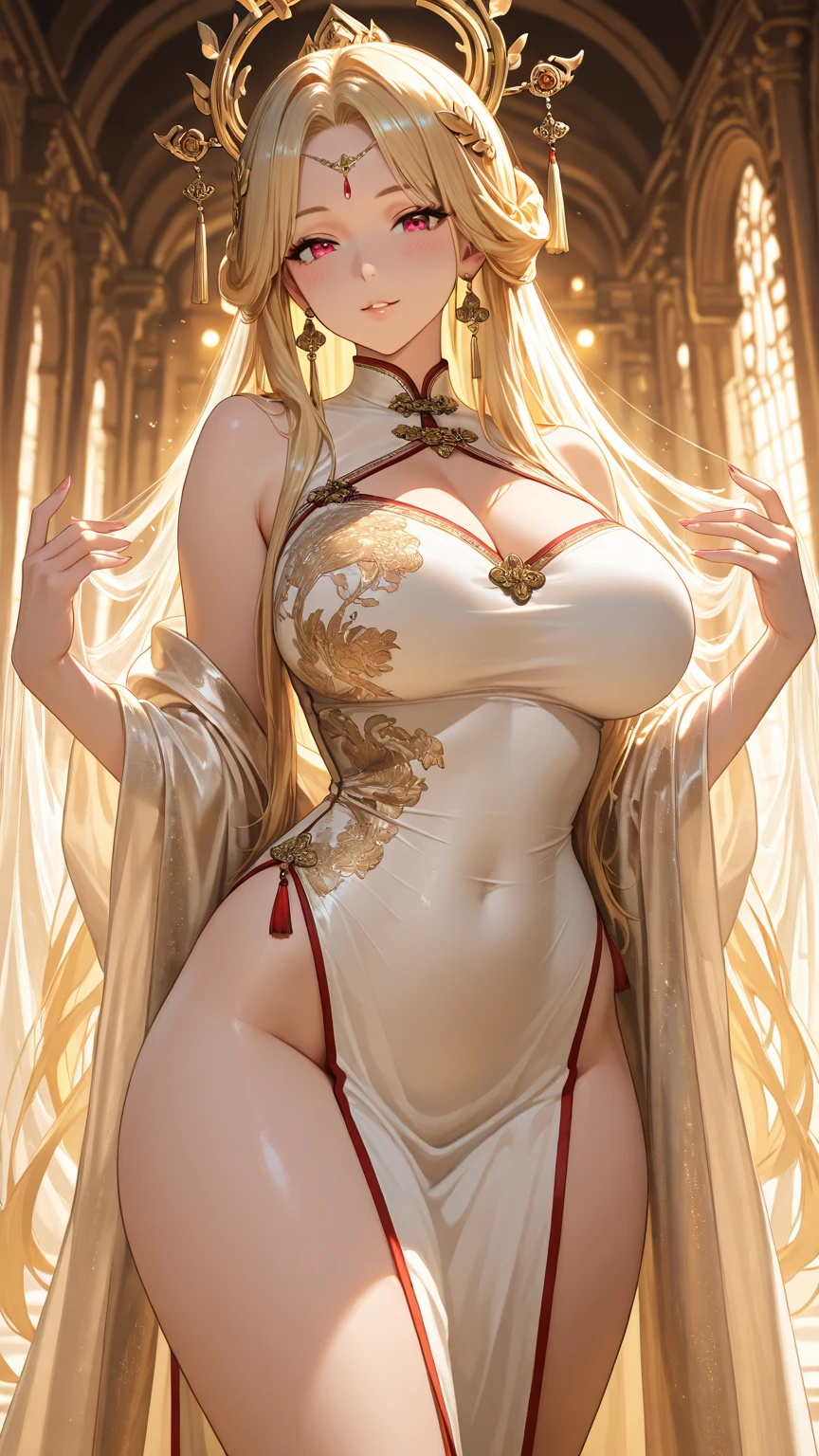 Highly detailed CG unit 8k wallpaper, masterpiece, High resolution, highest quality, highest quality real texture skin, Super Real, Digital Painting, Best image quality, 最High resolution, 8k, ((Highly detailed eyes and face)), 1girl, Beautiful eyes every detail, Full Body Shot, (((Saggy breasts, Gravity-dependent breasts, long chest, Heavy chest, ))), ((disproportionate breasts, huge breasts, sagging breasts, gigantic breasts, erect nipple,)),, Chinese style embroidery, china clothes,