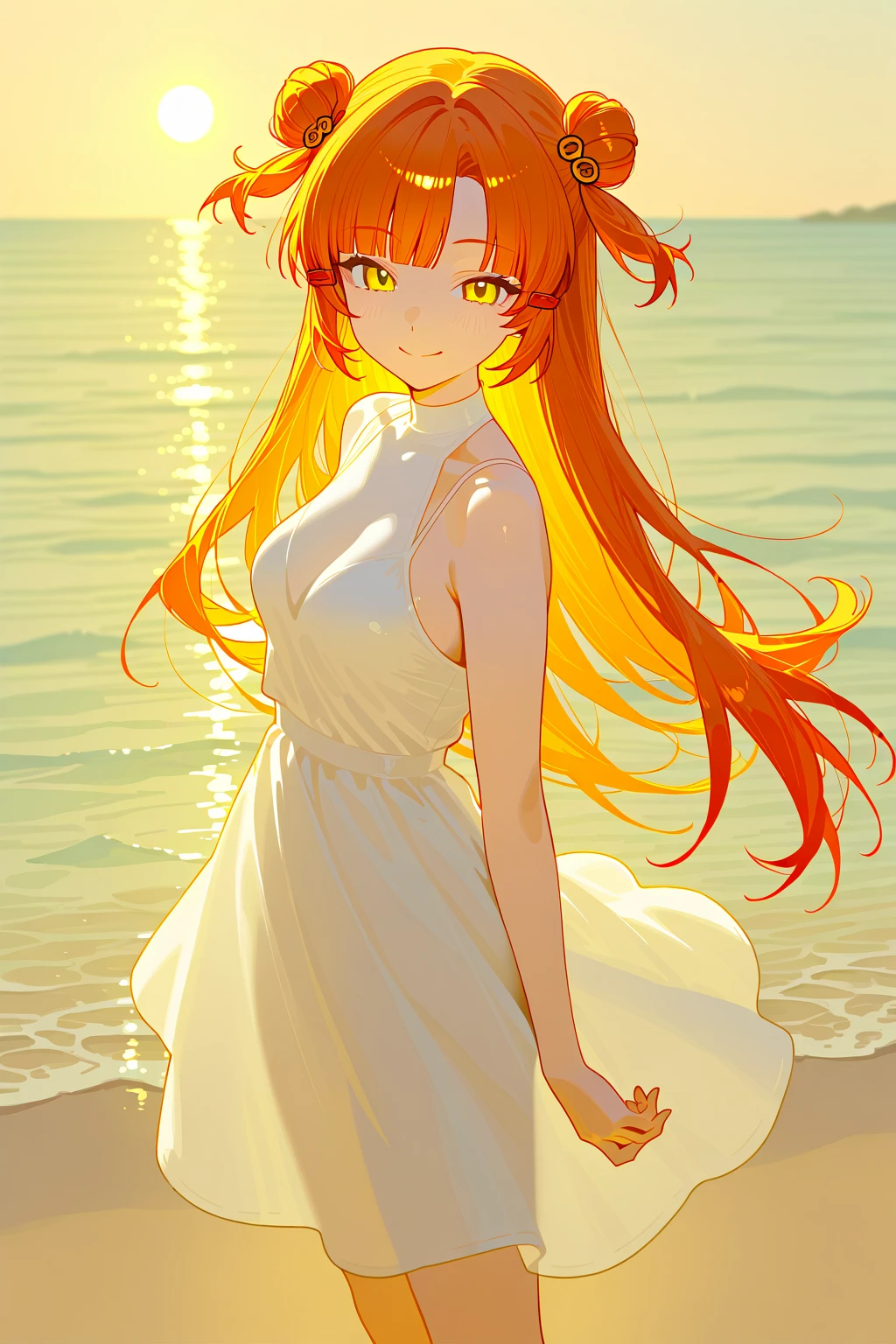 (masterpiece, highest quality), ((1 girl, alone, long hair)), Ishmael_wheel part, innocent look, bare arms, bare shoulders, naked neck, watercolor, sundress, liquid clothes, water, Wave, water dress, green_theme, night, haze, dark, sharp focus, Ocean, see through dress, orange hair