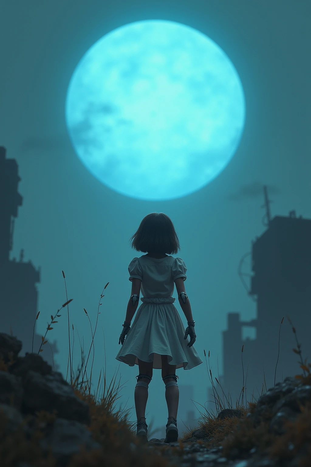 Metallic skeleton, (surreal) 8K, (realisitic) Focus on your head, It's in the middle of an abandoned city with dark details all around it, With the moon in the sky, auto