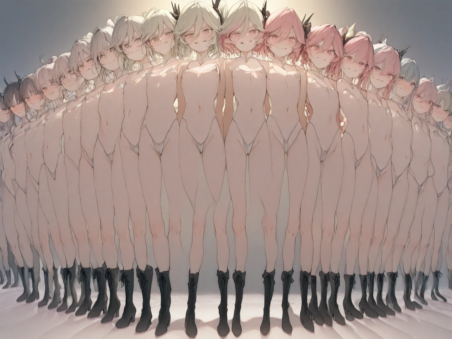 nsfw,3girls,woman,lineup,spread,(legs Apart:1.5),Androgynous,(sidelocks),(Steamed Body:1.3),(pussy:1.3),nude,front view,big breast,light hair,purple eyes,yellow eyes,purple eyes,(medium hair),middle breasts,large_areolae,looking at viewer,Androgynous,masterpiece,best quality,very aesthetic,absurdres,straight-on