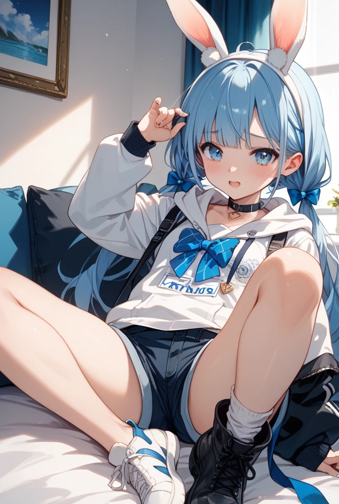 1 girl, , UHD, retina, masterpiece, Accurate, anatomically correct, rough skin, Super detailed, advanced details, high quality, Award history, 最high quality, High resolution, hd, 4k,(anime,8K,masterpiece, high quality, high quality,beautiful and aesthetic:1.2,professional illustration:1.1,Super detailed:1.3,perfect lighting),very detailed,most detailed,High resolution,cute pose,embarrassing,light blue hair,classroom,(wear uniform inside:1.5),(school uniform:1.9),black hoodie,(Hoodie with cat ear hood:1.5),(open clothes:1.5),(knees up:1.5),(white underwear:1.5),hiding shyness,embarrassed,hide your face with your hands、(paw pose1.2)