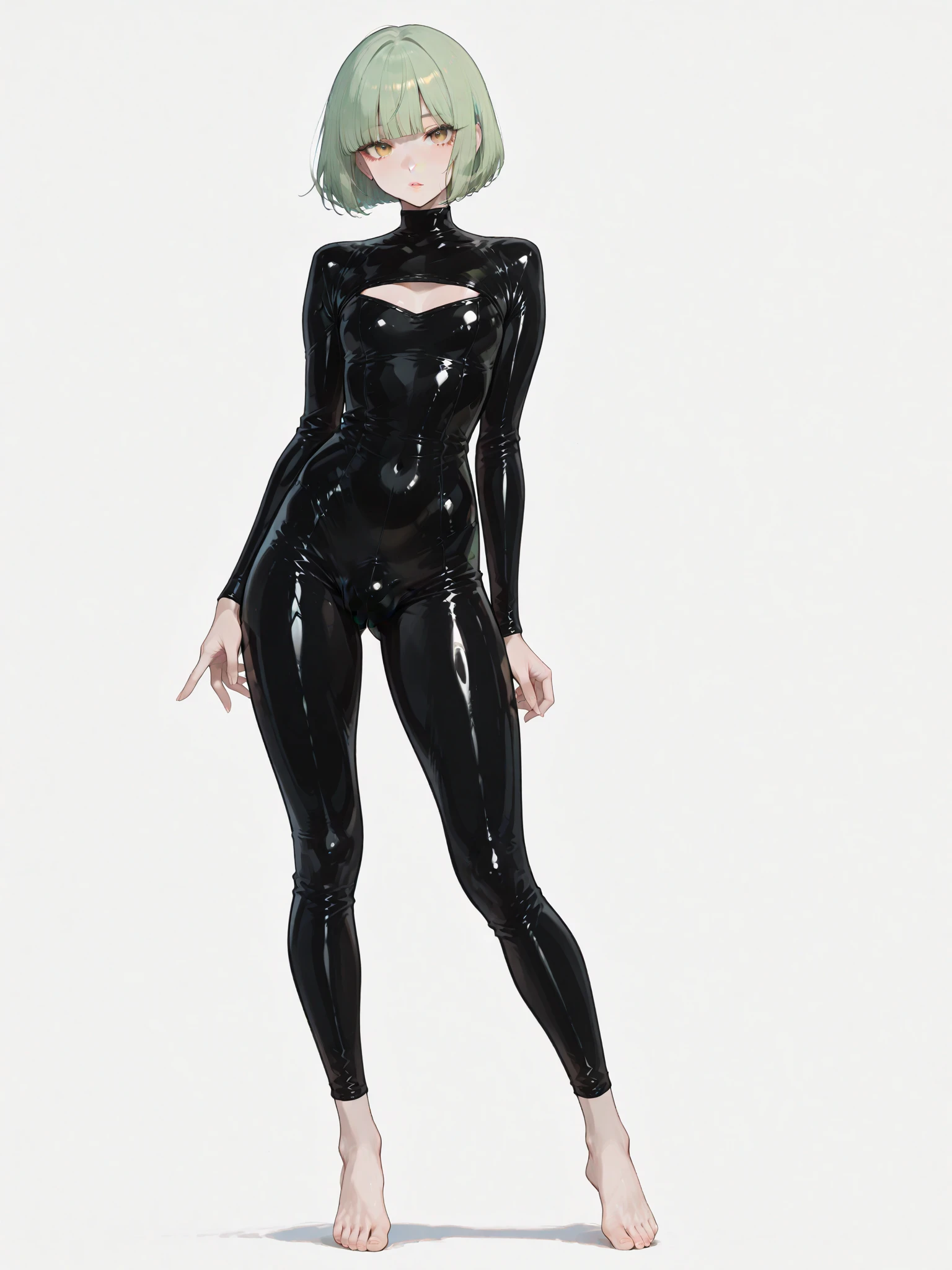 masterpiece, 1girl, tatsumaki, green hair, green eyes, black dress, short hair, curly hair, thighs, looking at viewer, latex clothes, shiny skin, latex skin, high heels, standing, whole character in view, latex bodysuit, crotchless bodysuit, chastity cage, flat chastity cage, testicles, undersized chastity cage, dripping cum from chastity cage, rubber hair, shiny hair, reflective hair, latex hair, solid hair, latex hair, rubberized hair, plastic hair, super shiny skin, 3dcg, 3d style, blender, blender style