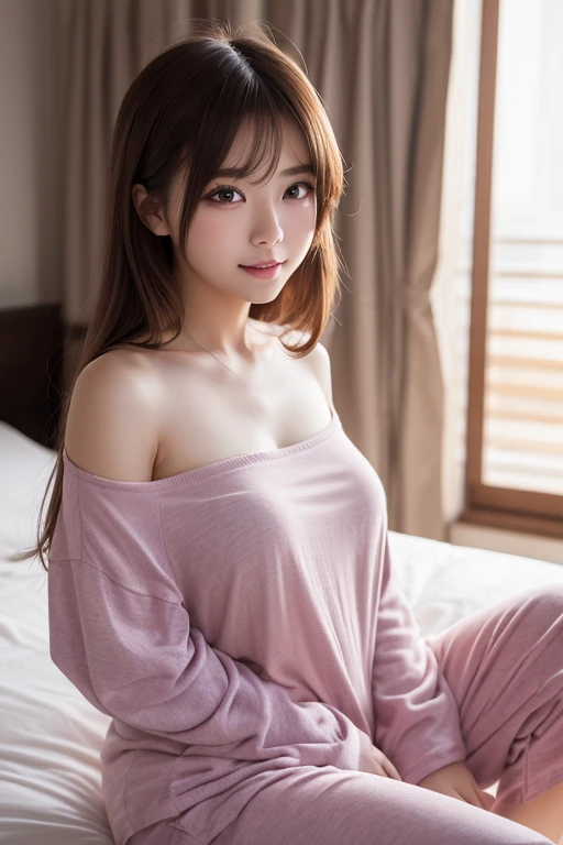 extremely detailed CG unity 8k wallpaper, best quality, ultra-detailed, masterpiece, realistic, photo realistic, extremely detailed cute girl, 25years old, blush, parted lips, round eyes, pajamas, panty shot, looking at viewer , half body shot  , room , night
