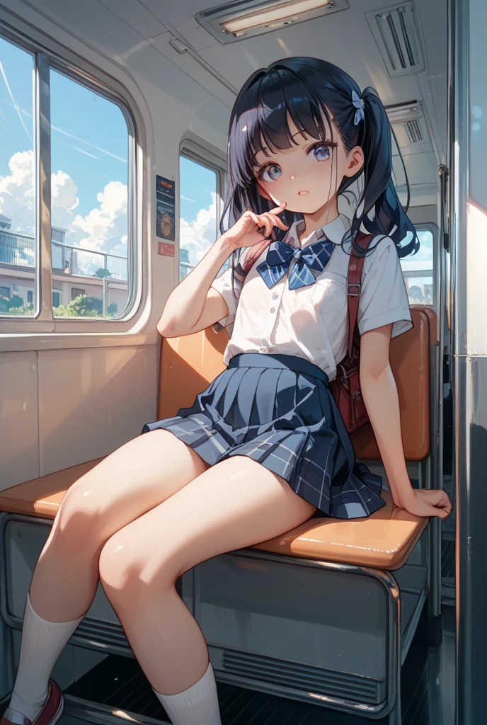 NSFW,4K,Gal:1.3,Anatomically correct,school uniform:1.3,A pure and innocent girl, Very cute face, Like an idol, (masterpiece:1.2), (high quality), panties, loose socks, Hip, Blue Skirt, alone, Blazer Type, loose socks, Lifting clothes, Brown eyes, pure gaze, mini skirt, Lift yourself up, Check skirt, blush,((Mid-chest)), (Sweating profusely), Long Hair, physical education, Beautiful legs, ((in the train))