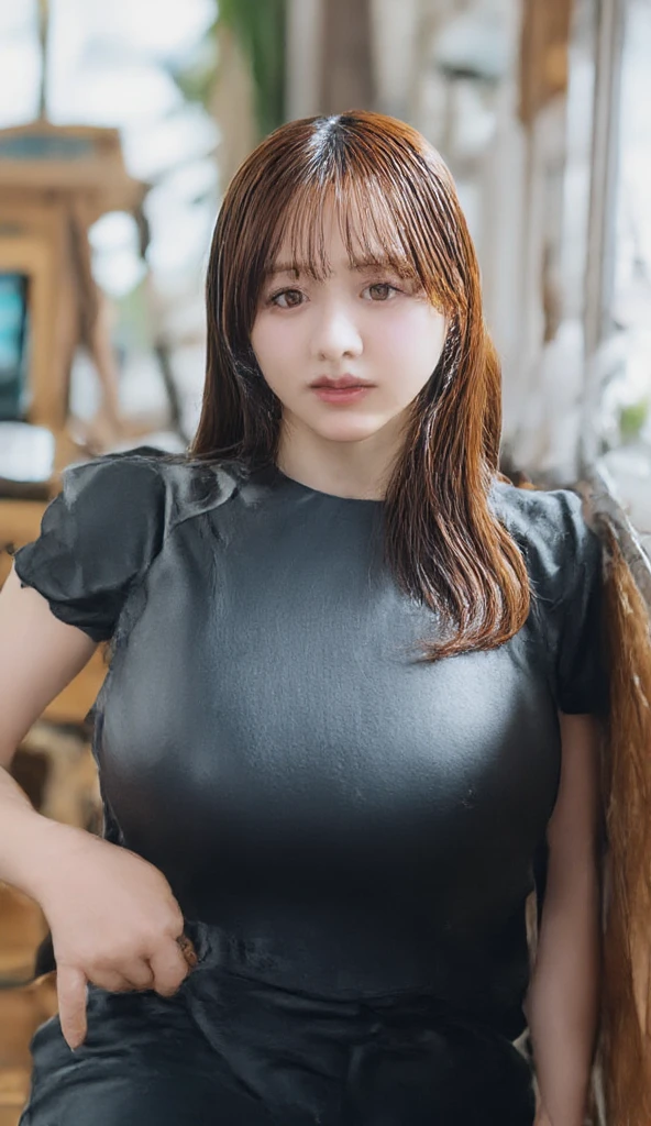 (a beautiful girl with rabbit ears), long messy brown hair, head tilted, (best quality,4k,8k,highres,masterpiece:1.2),ultra-detailed,(realistic,photorealistic,photo-realistic:1.37),intricate, detailed portrait,8K,((masterpiece)), ((best quality)), (ultra-detailed), High detail, professional photograph, highest quality, floating hair, beautiful detailed, (((realistic))), hyper realistic character,natural lighting ,beautiful detailed eyes,1girl, solo,blunt bangs, realistic, ((Tight black dress so tight that it sticks to the body)), big tits