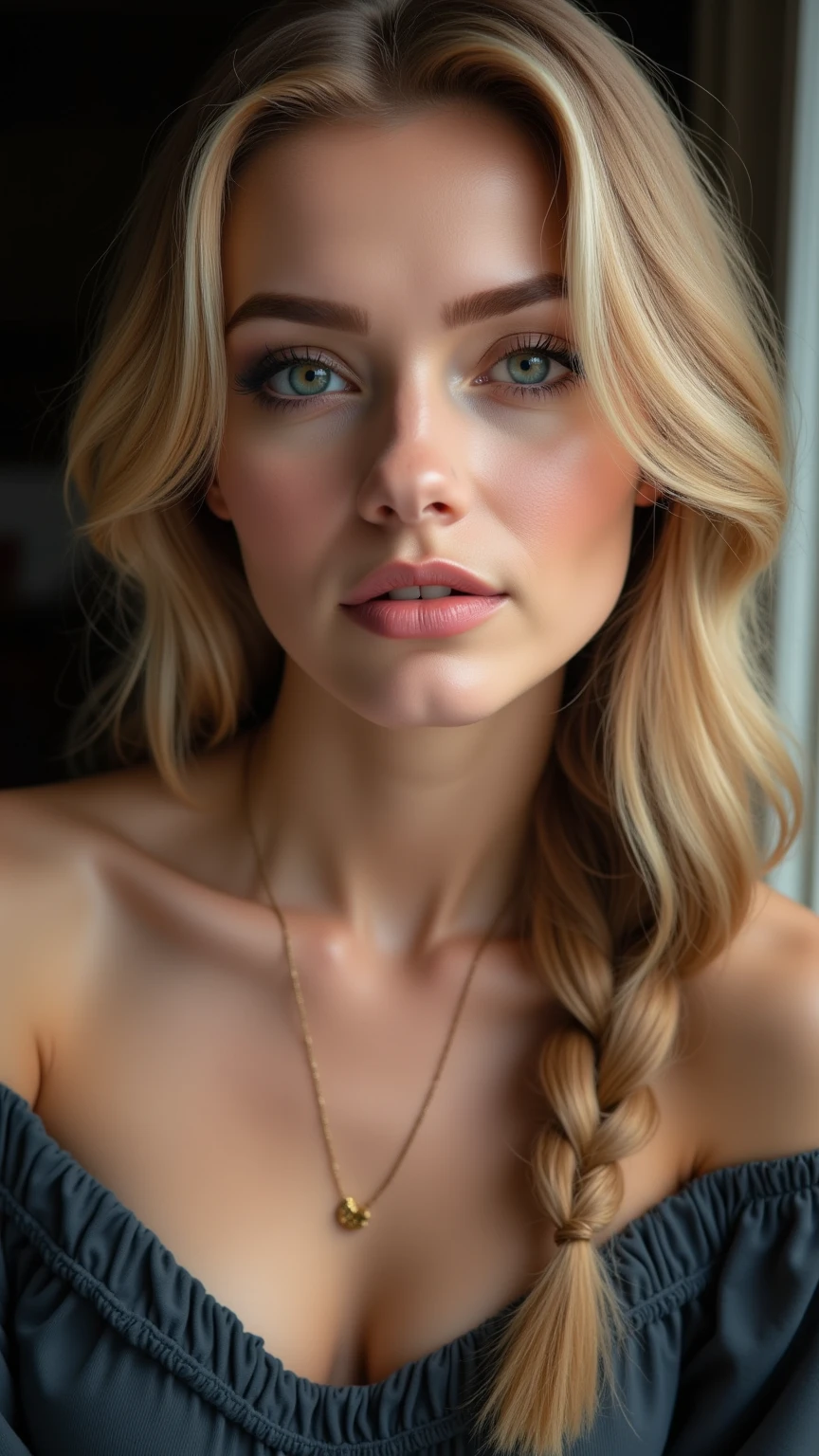 woman, smile, high neck dress, warm light, shadows, Photograph of a 25 year old woman, (ambivalent facial expression), face looking at camera, full face, portrait, faces are visible more, and the eyes look straight, shine pink textured silk small and short cloth, goosebumps, ash blonde mermaid with braid, Perfect eyes, realistic skin texture, too much sweat, (ektachrome), Velvia 100 color, shot with Leica T, hips, sharp focus on the subject, shot by Peter Lindbergh, bright, fair, realistic look, tika on forehead, nose jewelry, big lips, red lipstick, pink slip, big breast, leather bra, silk short,