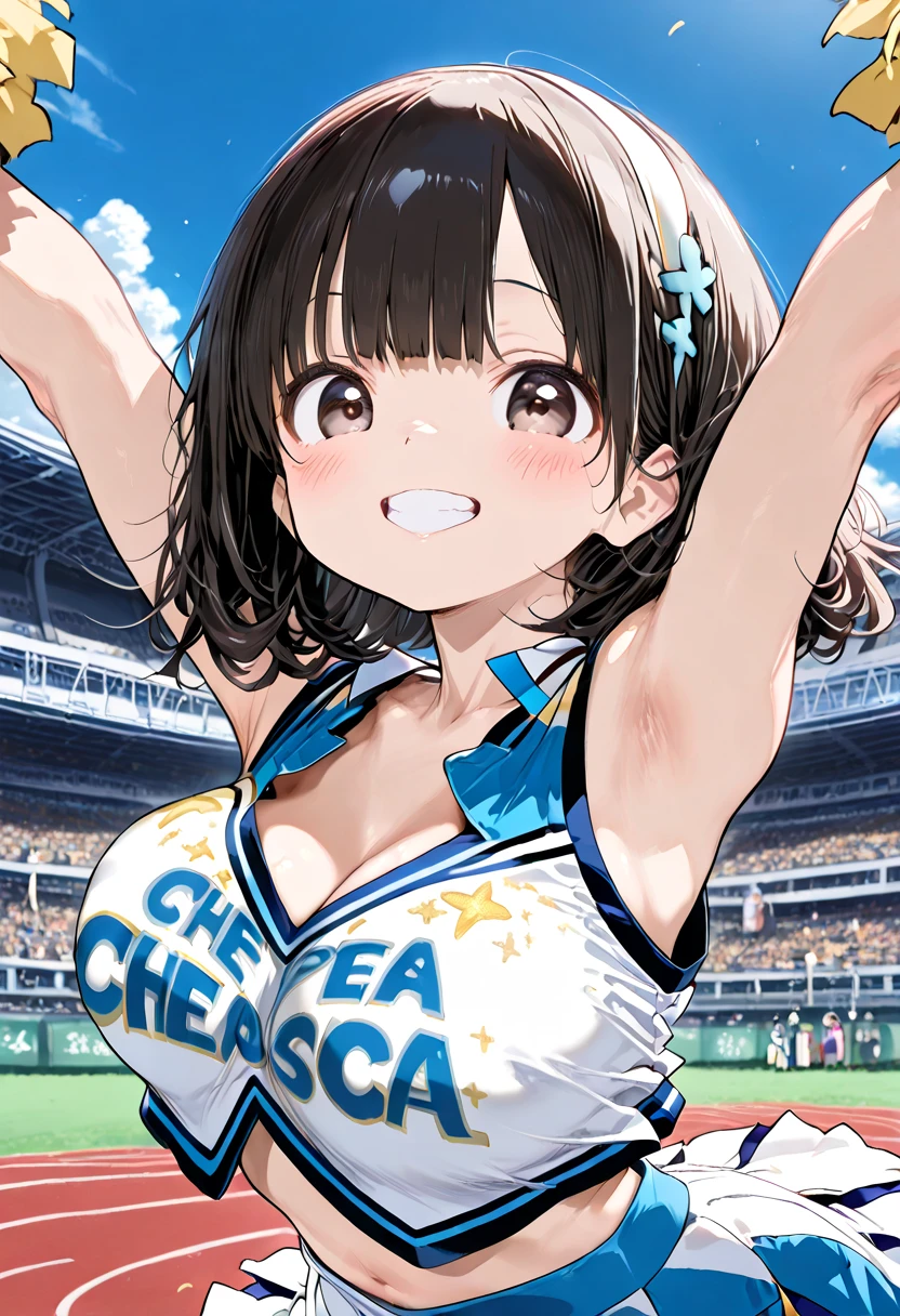 nsfw:1.5,(Ultra flat, Flat Shading), Honors Type, Really blushing, 17 years old, (Cheerleading match:1.5), Wear White (High cut T-back bikini swimwear:1.5), Wedge Shape:1.5, Camel Toe:1.7, Sneakers, Ponytail Brown Hair, Sweaty healthy body, ローションと汗でwhole bodyびしょ濡れ, barefoot, belly button, Ultra-realistic, Wind, In crowded public places, Jump:1.5、Jumping、(bare breasts:1.5)、((showing off nipples:1.5))、Underhow off nipple:1.5)、(bra lift:1.5)、whole body