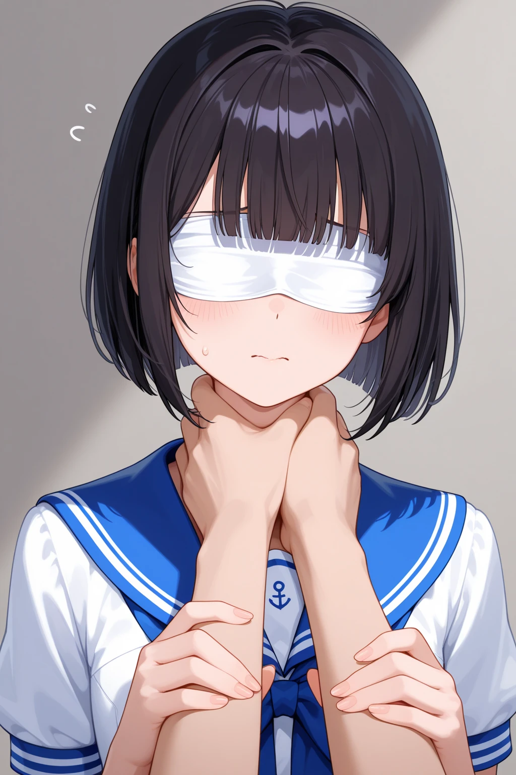 front view,1girl,Beautiful girl at 13 years old,Japanese,,,Small and slim,Flat Chest,Small breasts,Baby Face,Small face,Black Hair,Short Twin Tails,Grey Eyes,middle School girls,uniform,Summer clothes,Short sleeve,Blindfold,open mouth,tongue out,front face,Kneeling and sitting,Tie hands behind back,Beautiful and detailed anime art,Happy expression,front view,high angle, looking at viewer, looking ahead, from above,cowboy shot,Sexy vibe,cum on tongue,On the bed,Dimly lit room