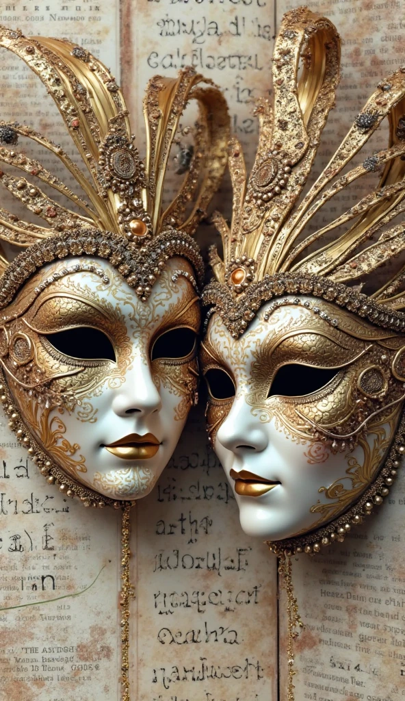 Two Venetian carnival masks are richly decorated with gold and silver patterns and details, lace and beads, luxury and mystery. Against a background of handwritten text and abstract elements, The depth and complexity of the composition. The color palette is bright: red, black, white, gold and silver. 