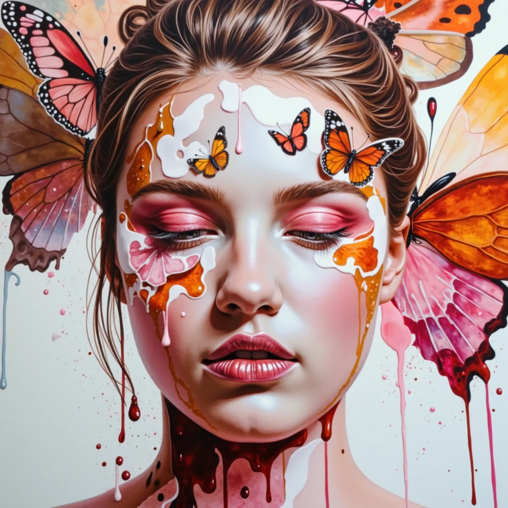 Colored lead paintingSimple ink painting,Flowing ink,Blooming:Inspired by Marco Mazzoni,Profile portrait - head up,bird、Butterfly、Plants and flowers。Black and red theme。White background