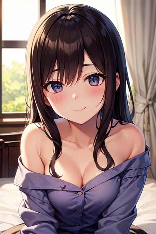 (leaning forward:1.3)、Upper Body, Realistic, real person, (pale skin: 1.2), RAW photo, photorealistic, shiny skin, shiny hair、(A 25-year-old woman with straight hair and bangs) and (medium hair) and (black hair) and (purple eyes) , (white) and (off shoulder blouse) 、(blush:1.5), smile, Background is white、Alone、Are standing