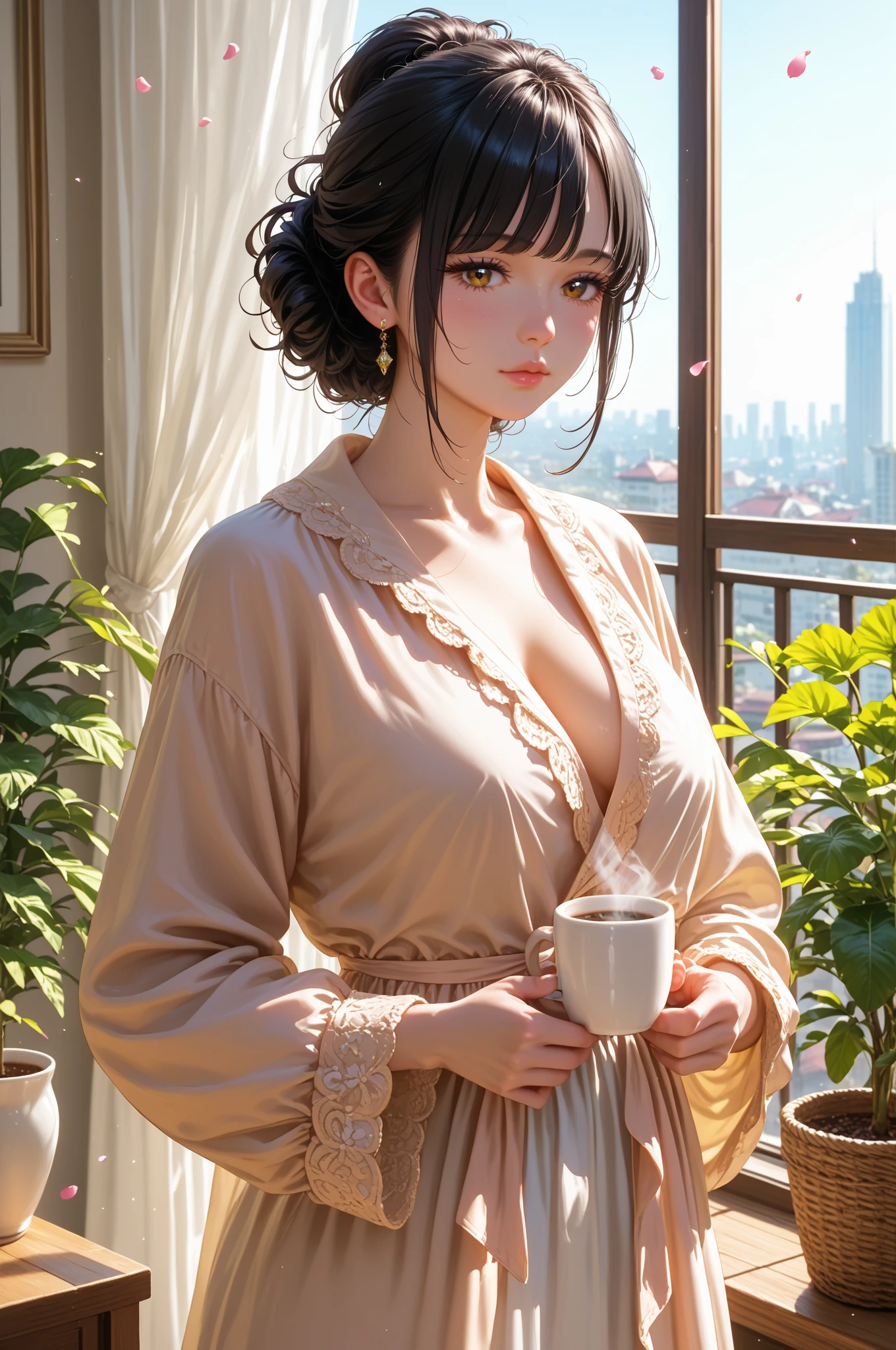 (masterpiece:1.3, Highest quality, Ultra-high resolution, Very detailed), (Realistic, photoRealistic:1.2), Beautiful illustrations, Perfect lighting, Natural light, colorful, Written boundary depth, ((Face Focus:1.2), Cowboy Shot:1.2),
Beautiful detailed hair, Beautifully detailed face, Beautiful attention to detail, Beautiful clavicle, Beautiful body, Beautiful breasts, Beautiful thighs, Beautiful legs, Beautiful Hands, Pale skin,
View your audience, 1 girl, (Classy and cute girl:1.3), (Perfect Anatomy, Anatomically correct, Very detailed肌), Cute and symmetrical face, Baby Face, Perfect Face, Perfect Eyes, Perfect Fingers,
(Long Hair, ponytail, Black Hair), ((Asymmetrical bangs:1.2)), Light brown eyes, Long eyelashes, (Glossy Lips:1.4), (Large Breasts, Thin legs, ), (Slim figure, Firm breasts:1.2), Thin eyebrows,
(lingerie),
(Beautiful views), morning, ((Modern Japanese Office:1.2)), ((Standing by the window with a cup of coffee:1.2)), (Smiling Kindly:1.2),