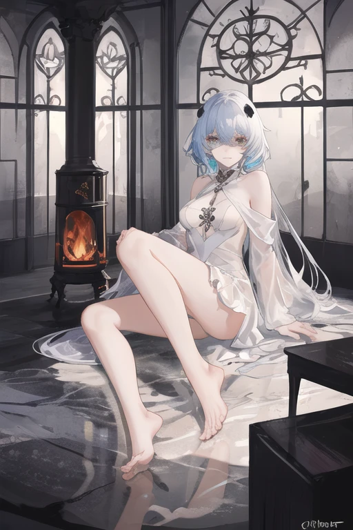 female ghost, sitting, masterpieces, no shock, hyper detail, 16K, smooth legs, shiny, mature looking, underboobs, perfect body shape, bare shoulder, pale skin, pale face
